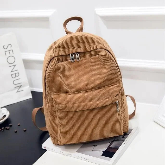 Corduroy Zipper Backpack — Versatile Collegiate Style for Women