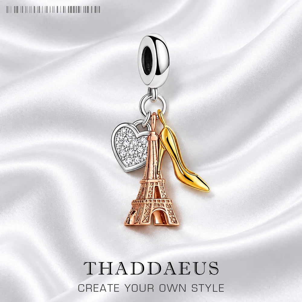 Thaddaeus Eiffel Tower & Heart Charm — 925 Sterling Silver Zircon Pendant