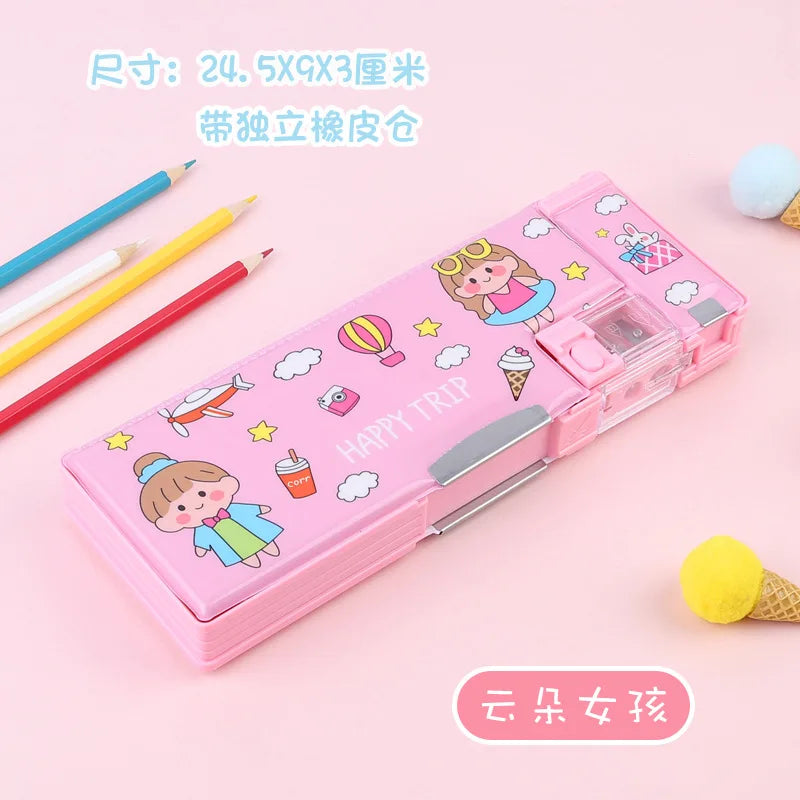 Pink Double Sided Pencil Case — Stationery Box with Built-in Sharpener