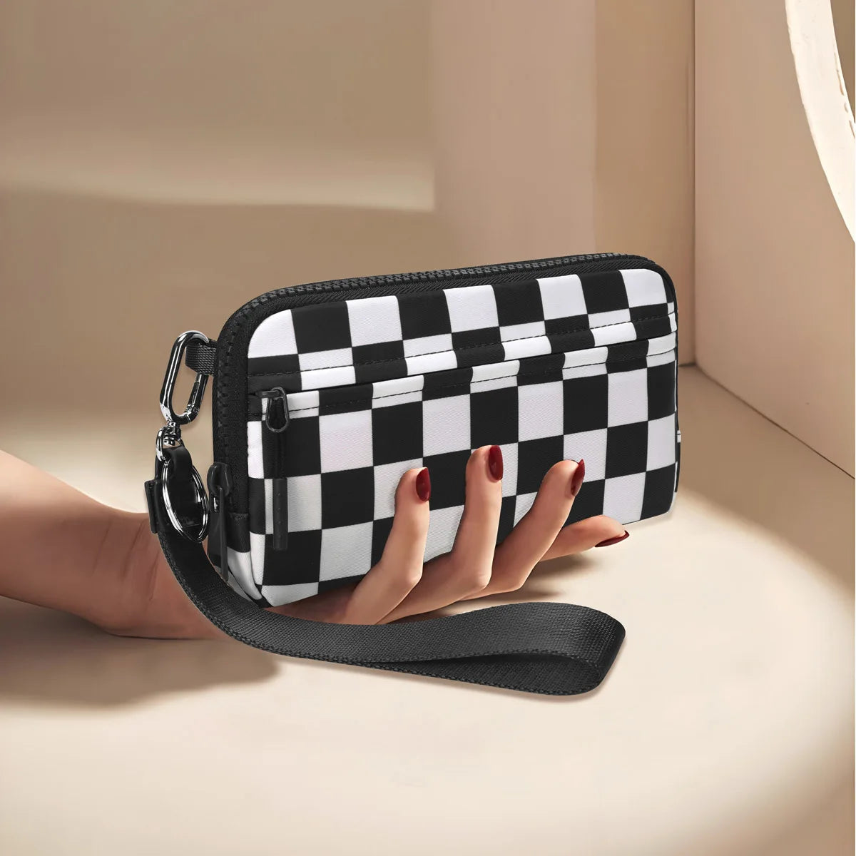 Women's Checkered Zip Around Wallet — Large Capacity Clutch with ID Window
