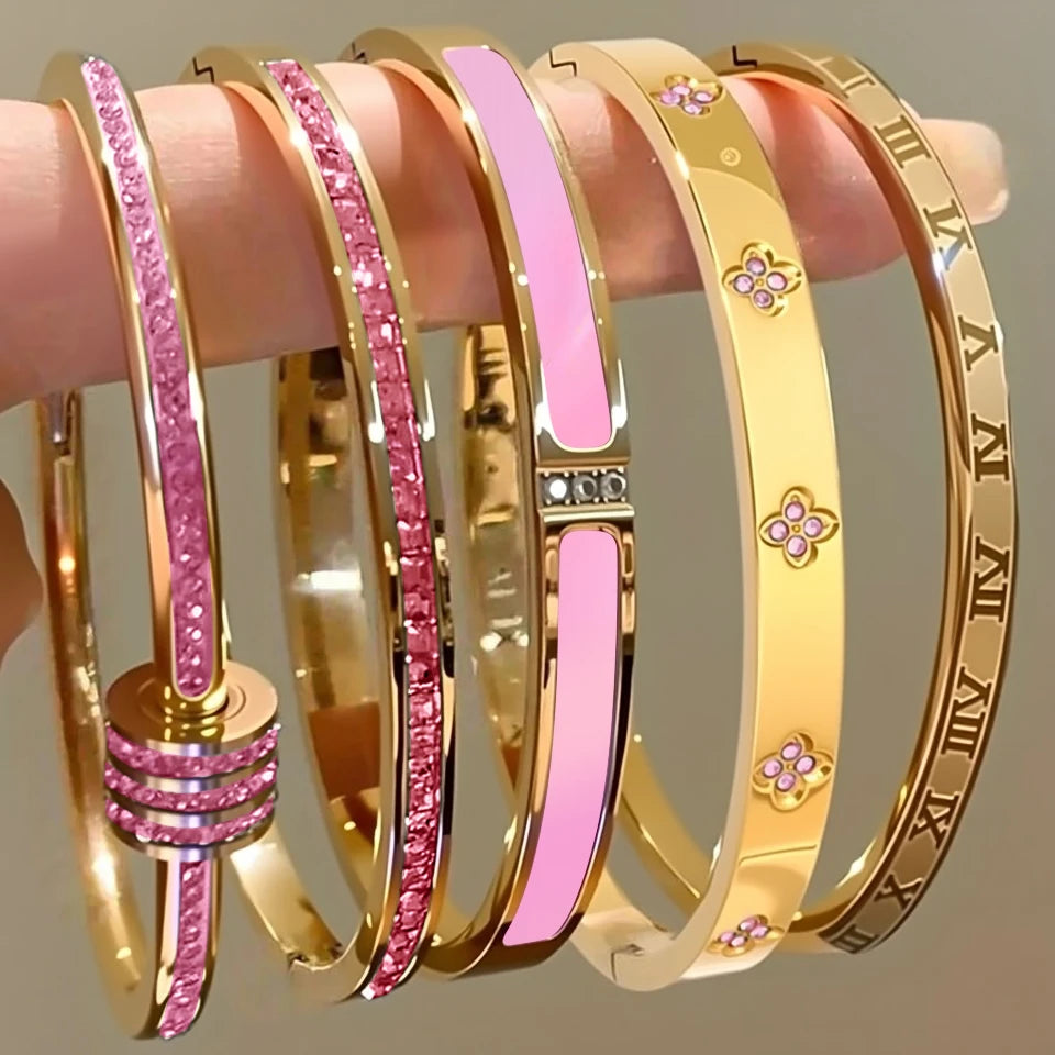 Sparkling Zirconia Stainless Steel Bracelet Set — Stackable Cuff Bangles for Women