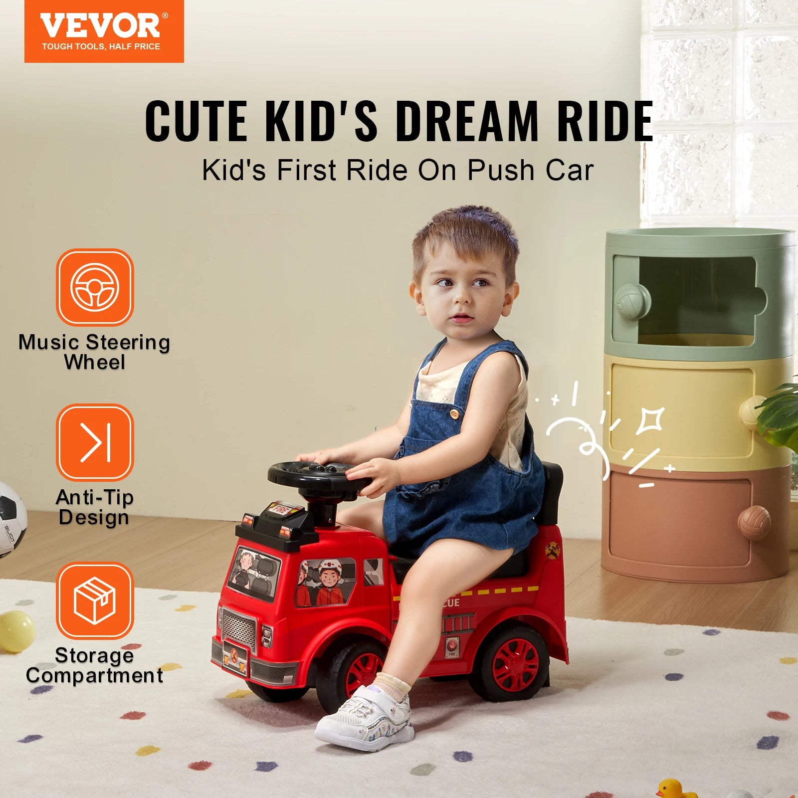 SucceBuy Ride On Push Car — Musical Steering Wheel & Under Seat Storage