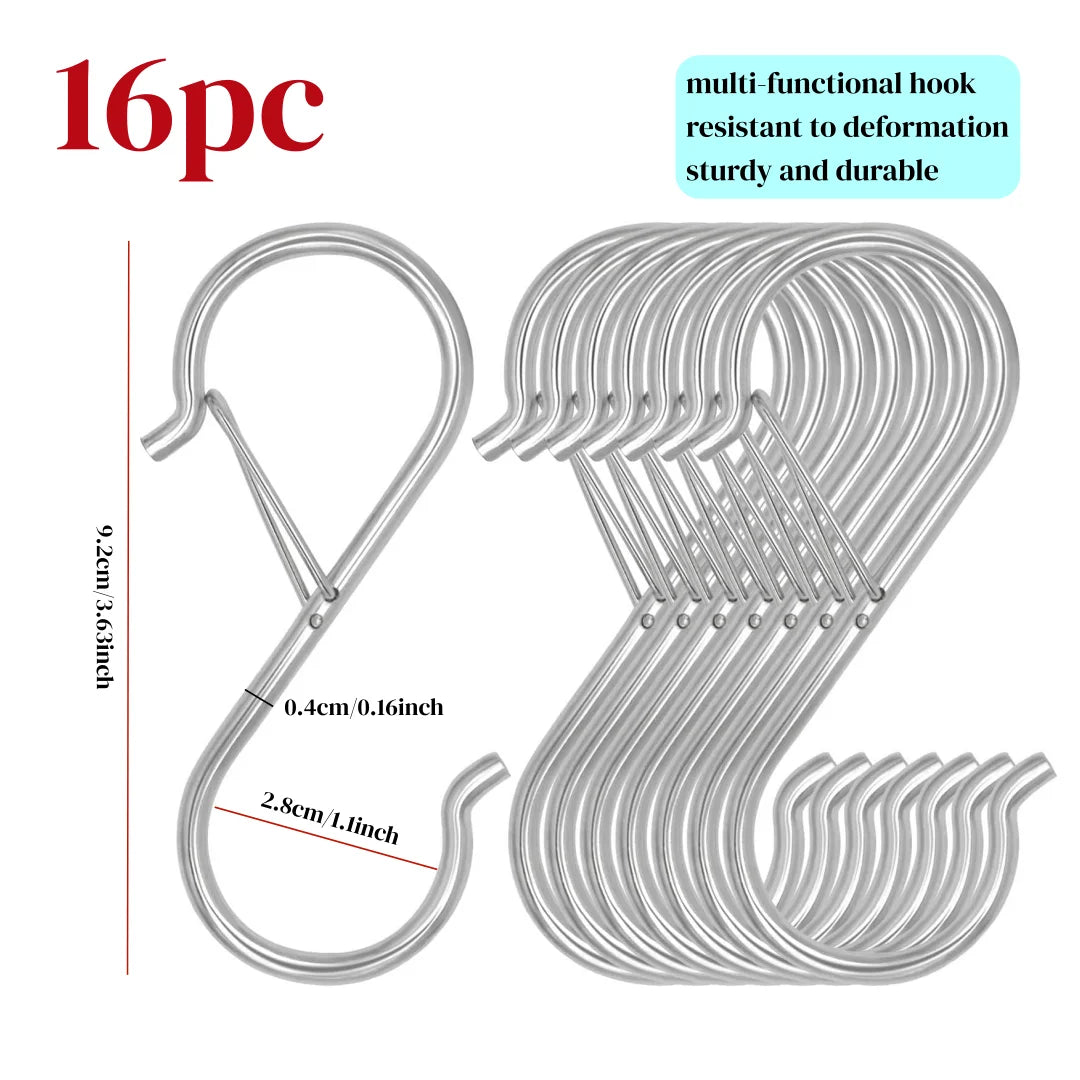 Stainless Steel S-Shaped Hooks — Heavy Duty Hanging Clips with Safety Buckles