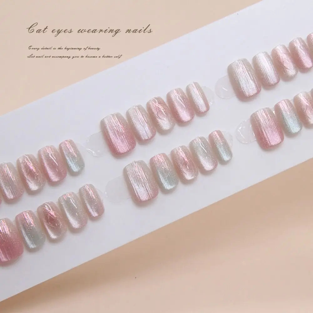 Square False Nail Tips — French Style Cat Eye Full Cover Set