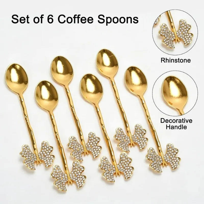 Luxury Gold Coffee Spoon Set — 6 Piece Espresso Stirring Spoons with Decorative Holder
