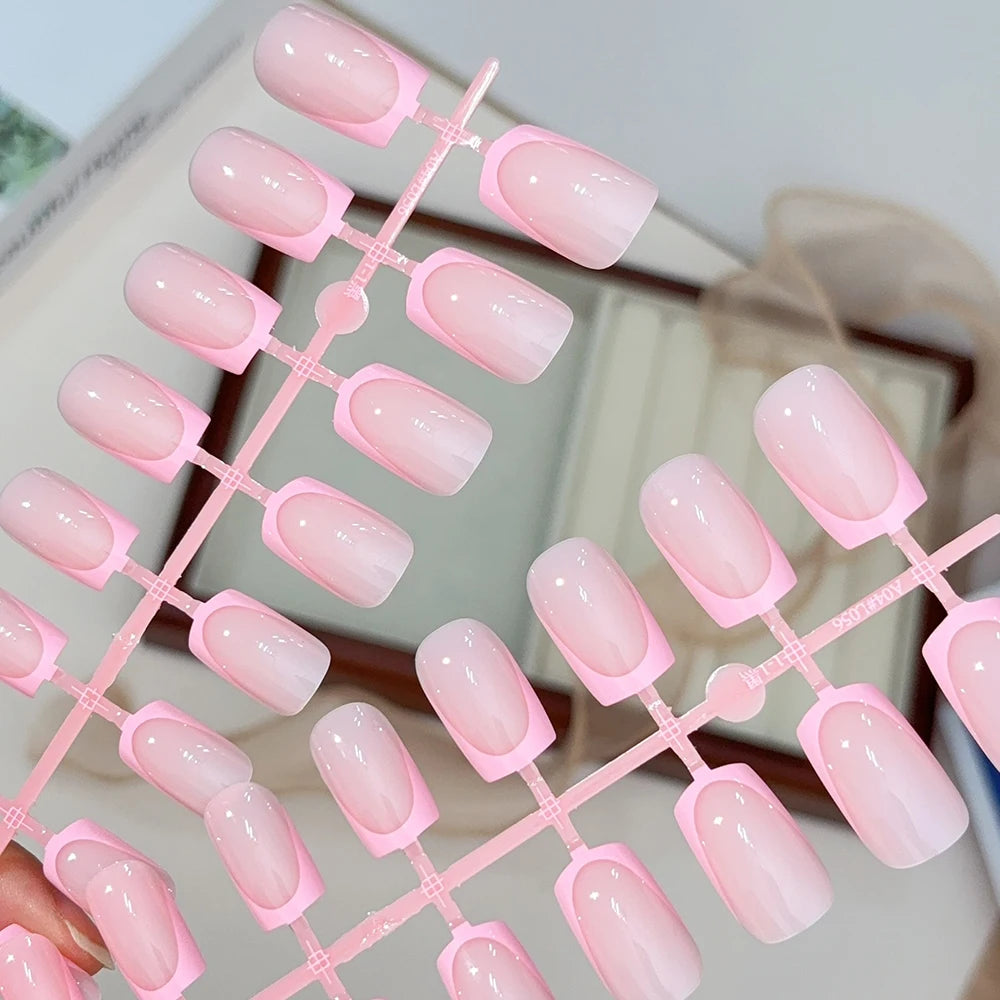 MingLee Glossy French Tip Press On Nails — Medium Square Acrylic False Nails
