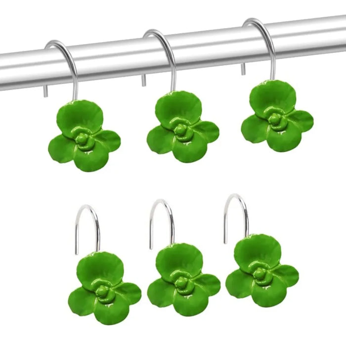 Green Flower Shower Curtain Hooks — Decorative Set of 12 for Bathroom Decor
