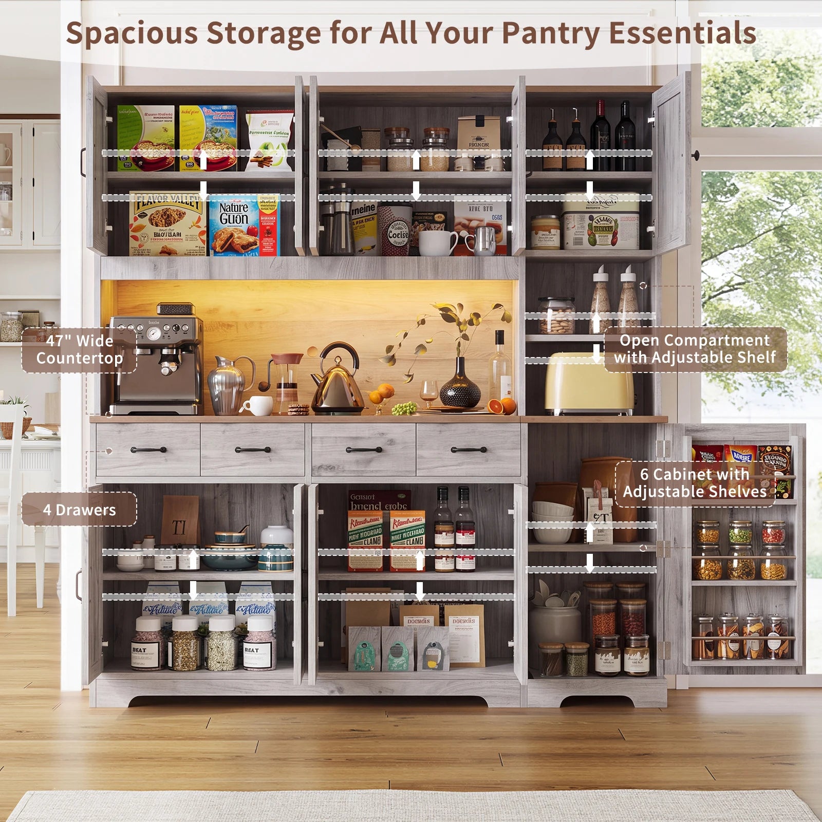 Yanosaku Grey Farmhouse Kitchen Pantry — Slim Storage Cabinet with Charging Station