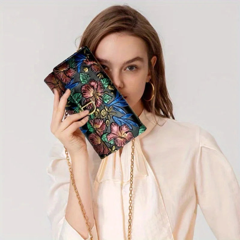 Floral Embossed Leather Clutch — Convertible Crossbody Bag with Chain