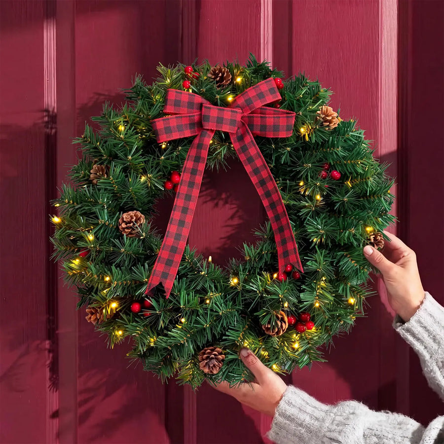 GAOMON Pre-Lit Christmas Wreath — Battery Powered LED Holiday Decor