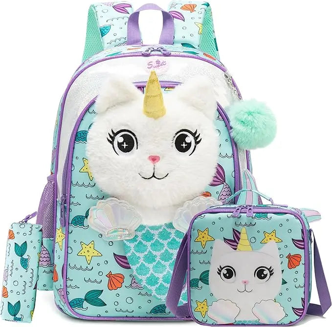 Cute Cartoon Plush Kids Backpack Set — School Bag with Lunch Box and Pencil Case