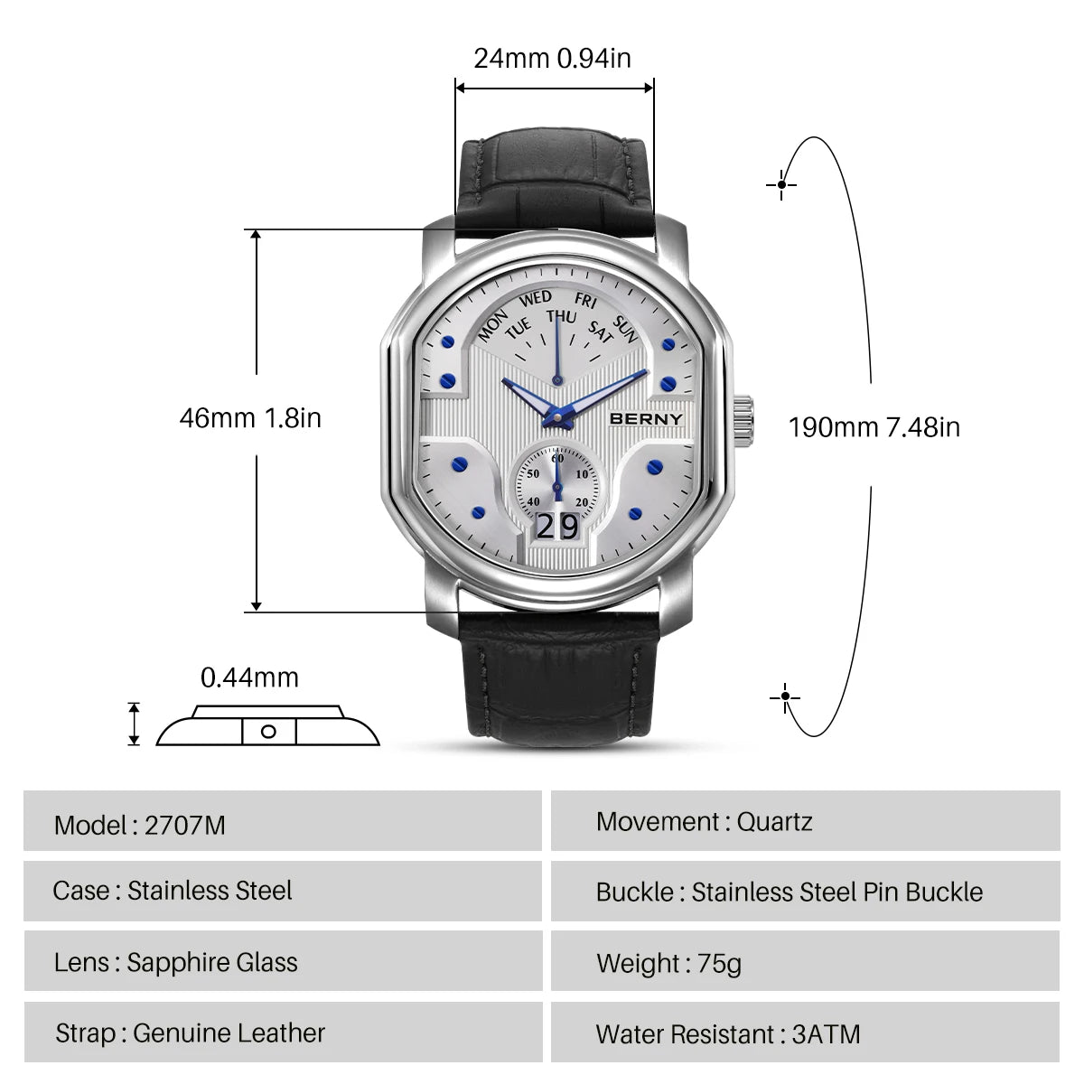 BERNY Tonneau Classic Men's Watch — Luxury Quartz with Sapphire Crystal