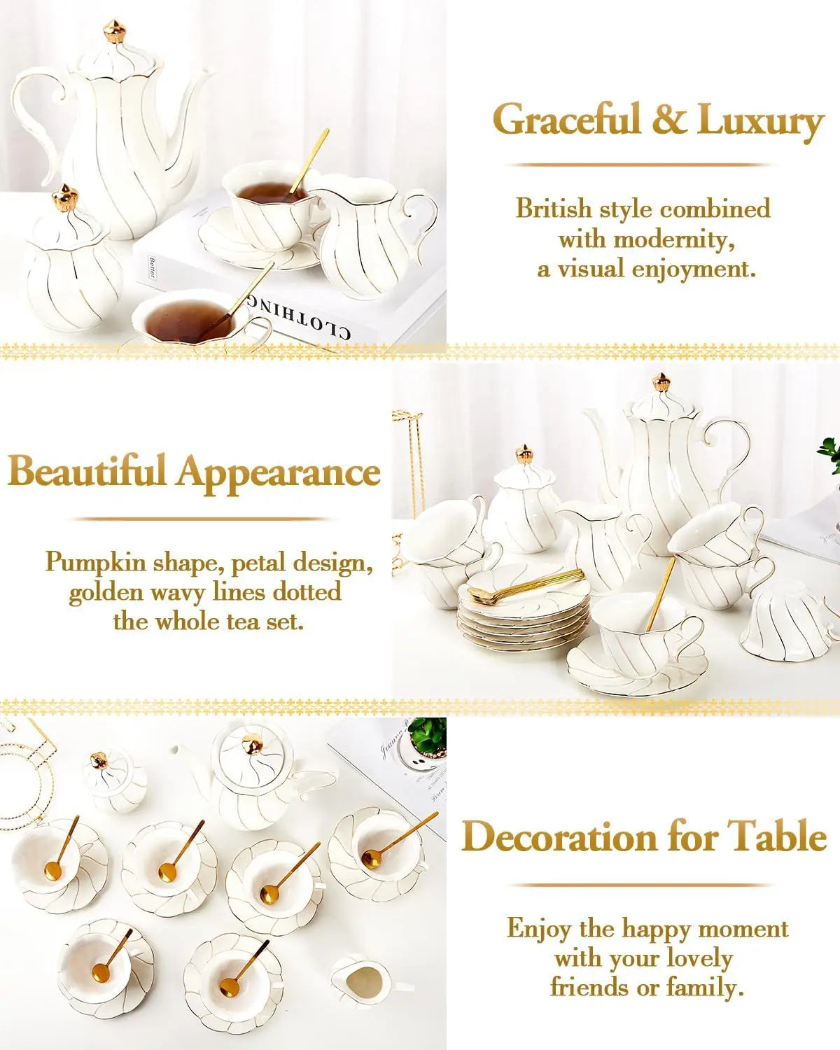 IOSN Luxury White Porcelain Tea Set — 22-Piece British Style with Gold Trim
