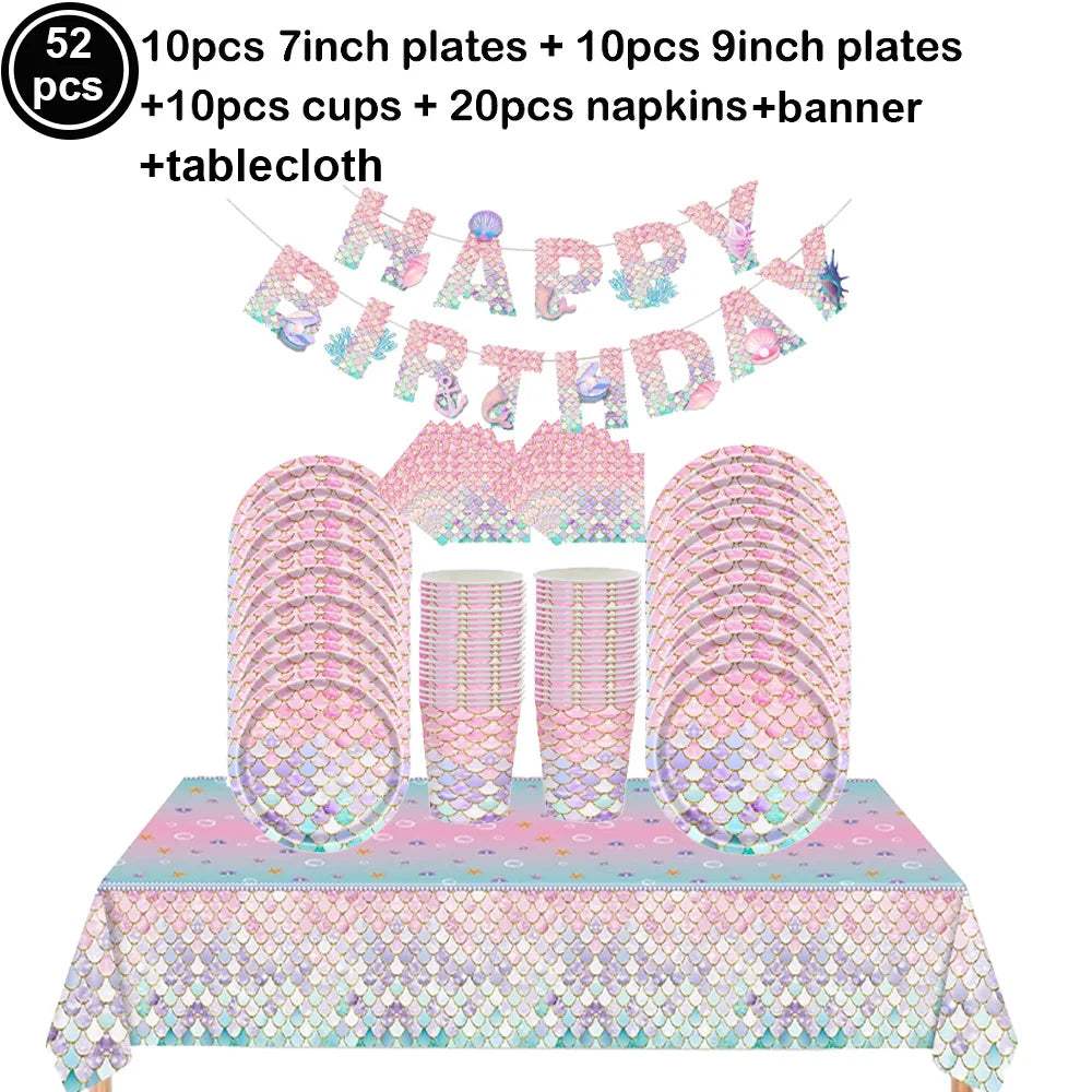 Mermaid Scales Pattern Party Supplies — Disposable Tableware Decor Set