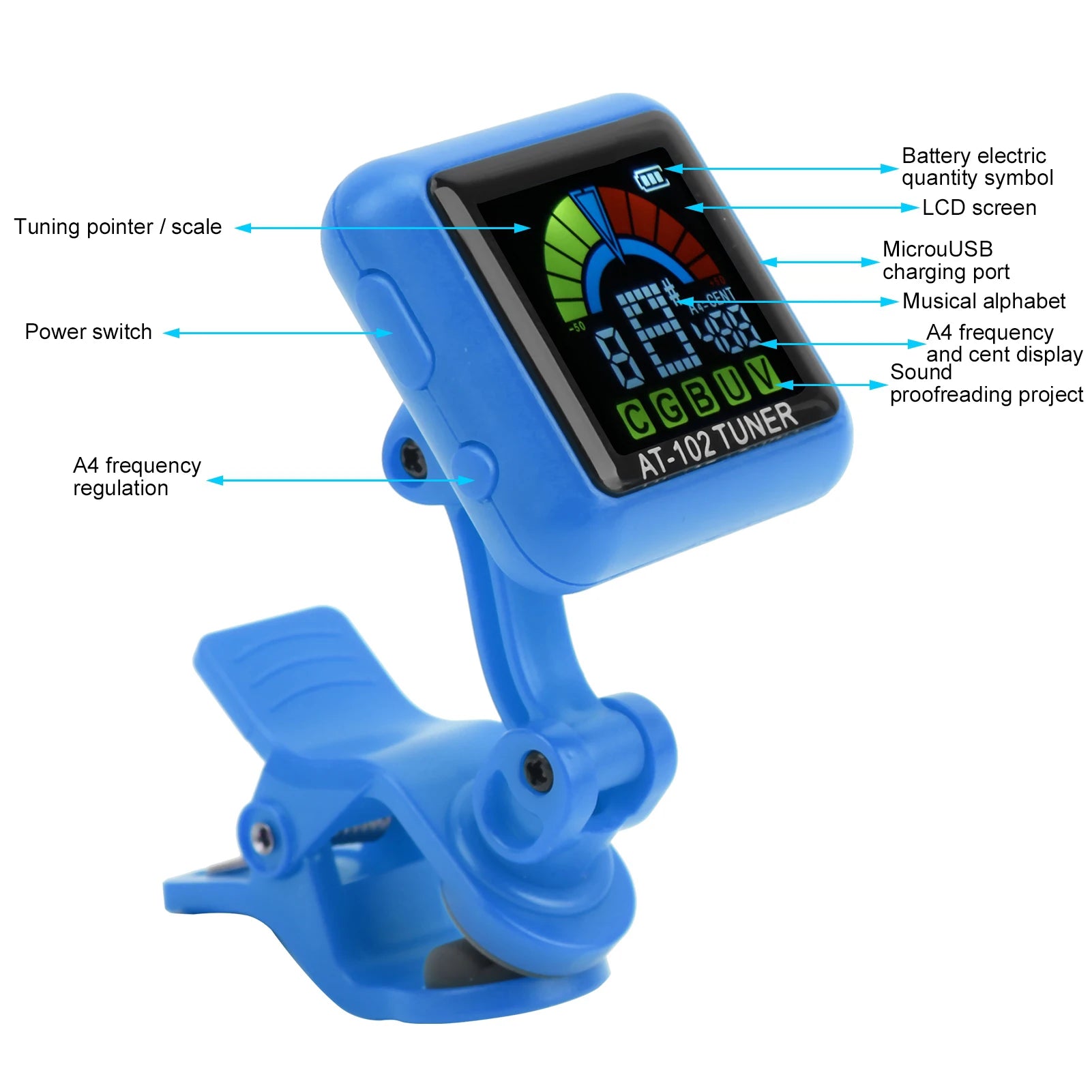 Rechargeable Clip-On Musical Instrument Tuner — High Definition Color Screen