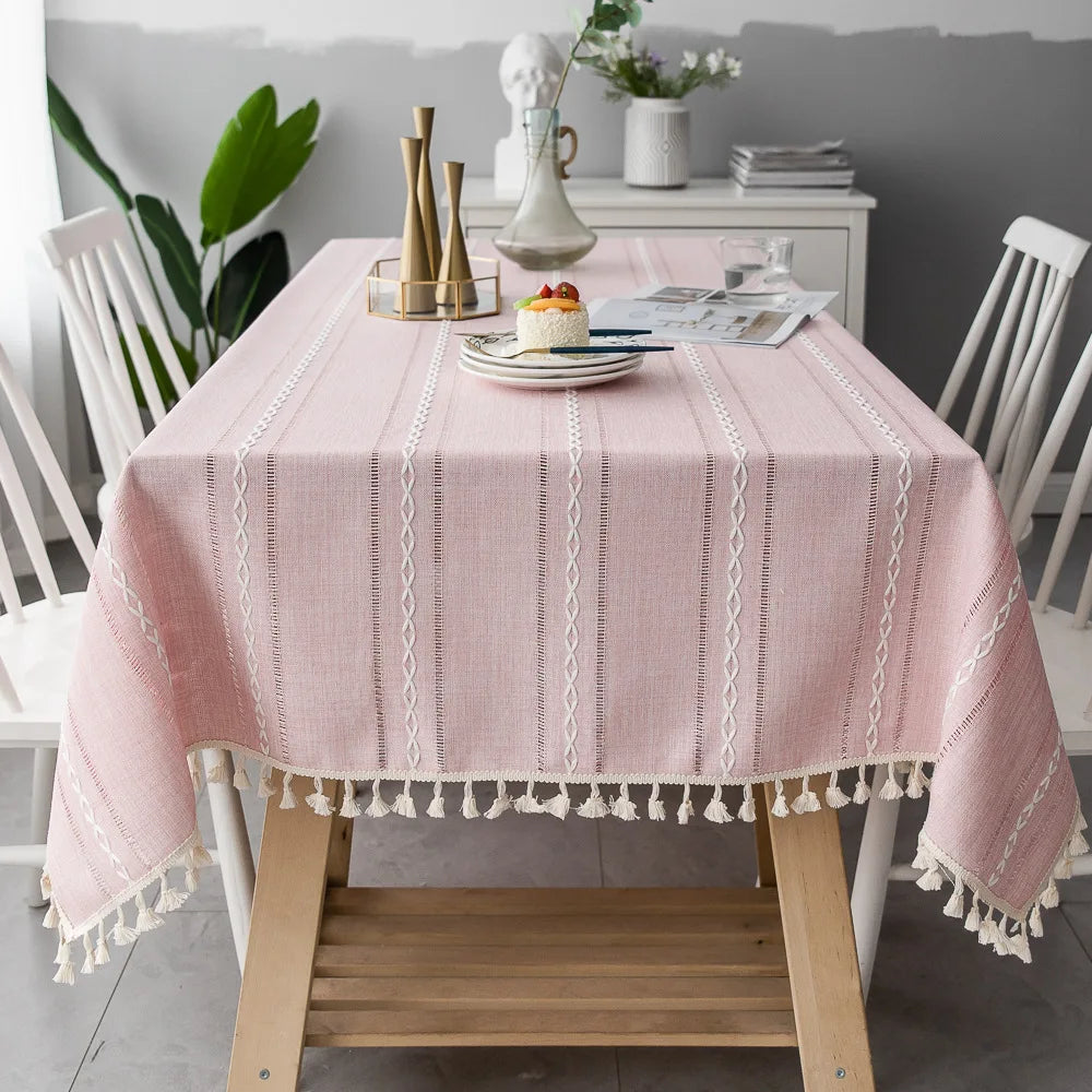 Cotton Linen Stripe Tassel Tablecloth — Stain Resistant Dining Decor