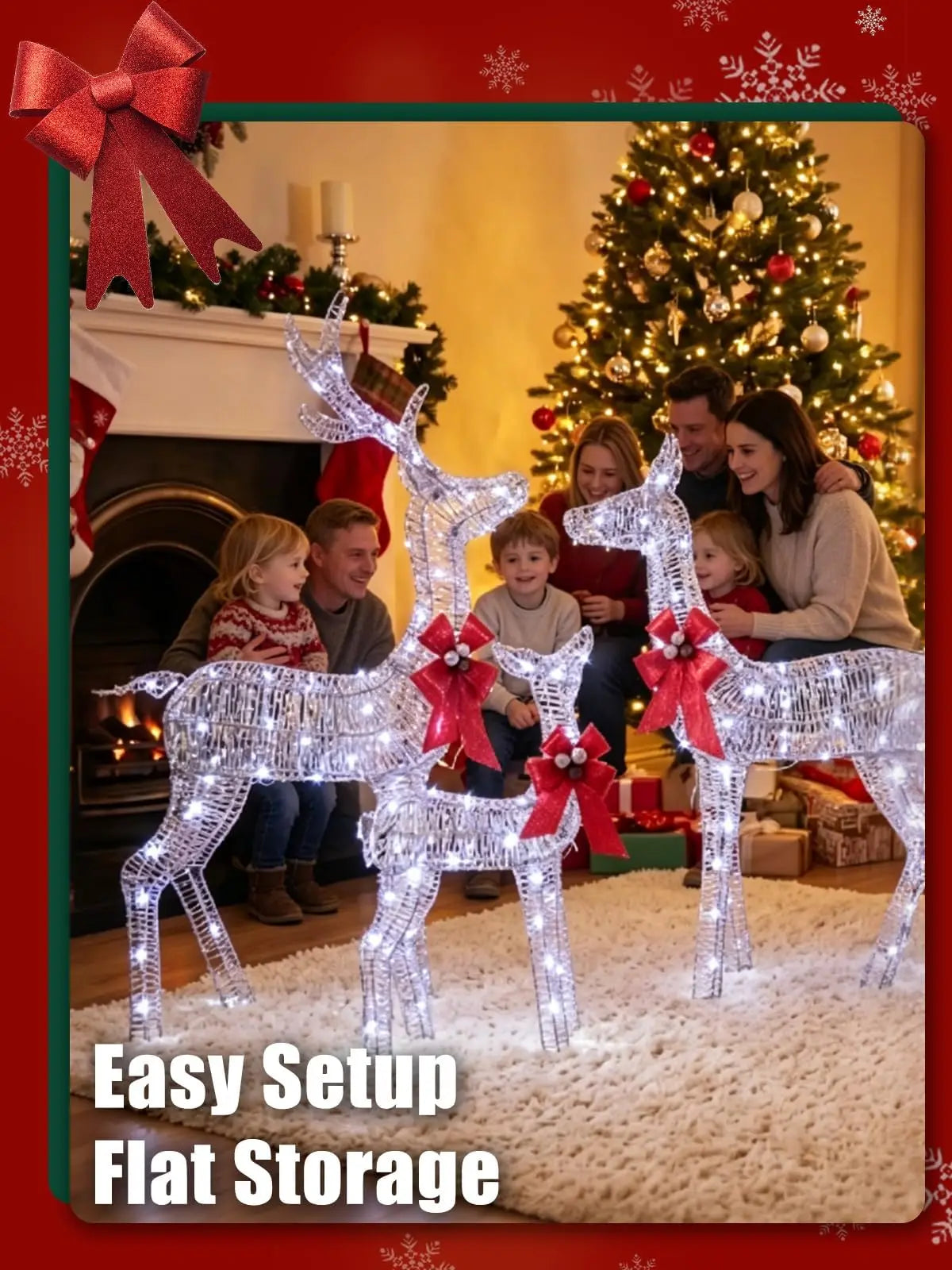 Lighted Reindeer Family Decor — Glittering LED Holiday Lawn Ornament