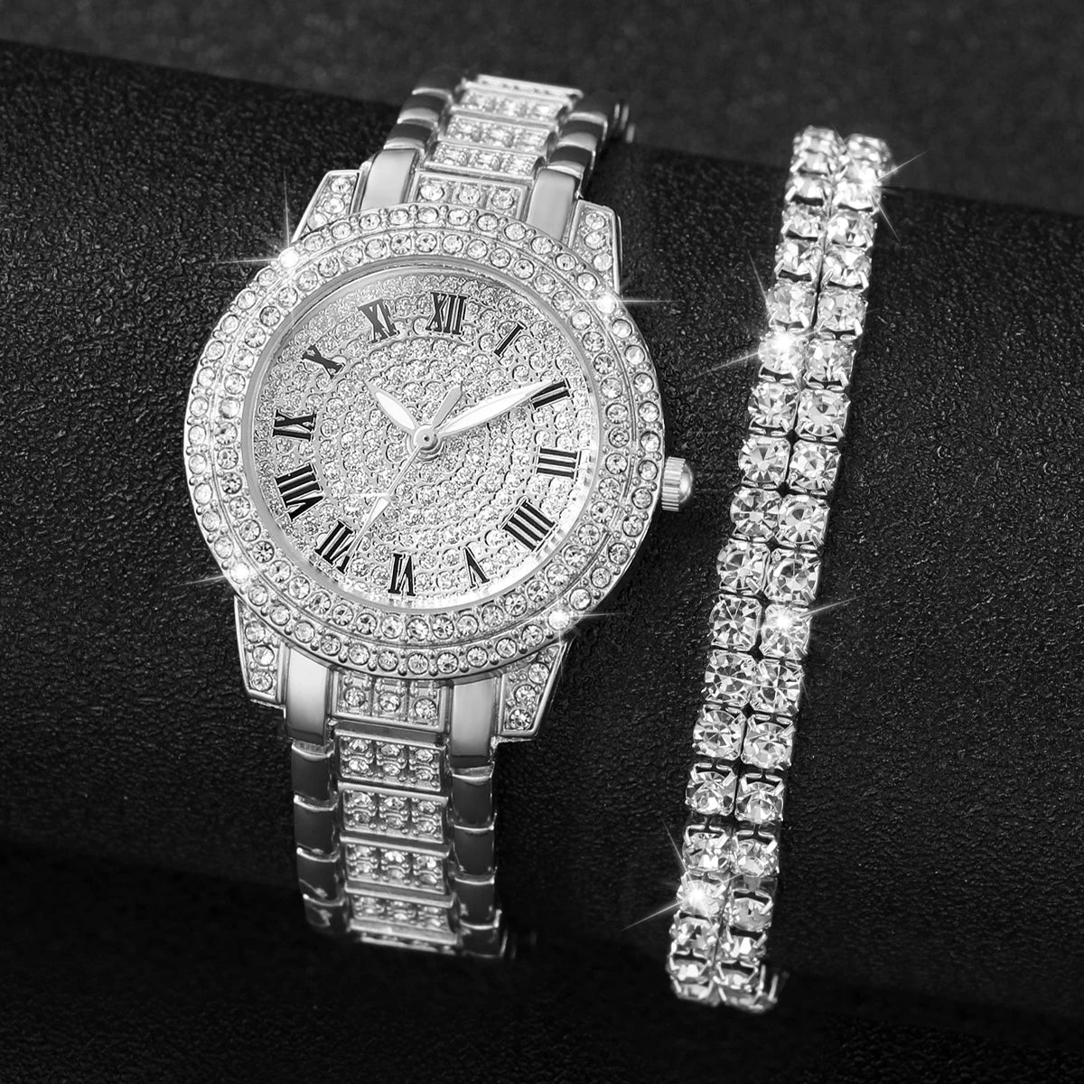 Women's Diamond Accented Watch & Bracelet Set — Elegant Quartz Jewelry Duo