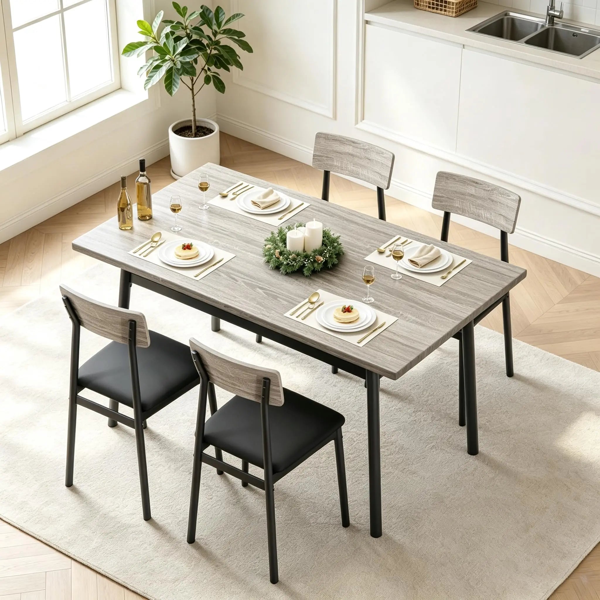 OUTWIND Modern Farmhouse Dining Set — 4-Piece Industrial Wood & Metal Furniture
