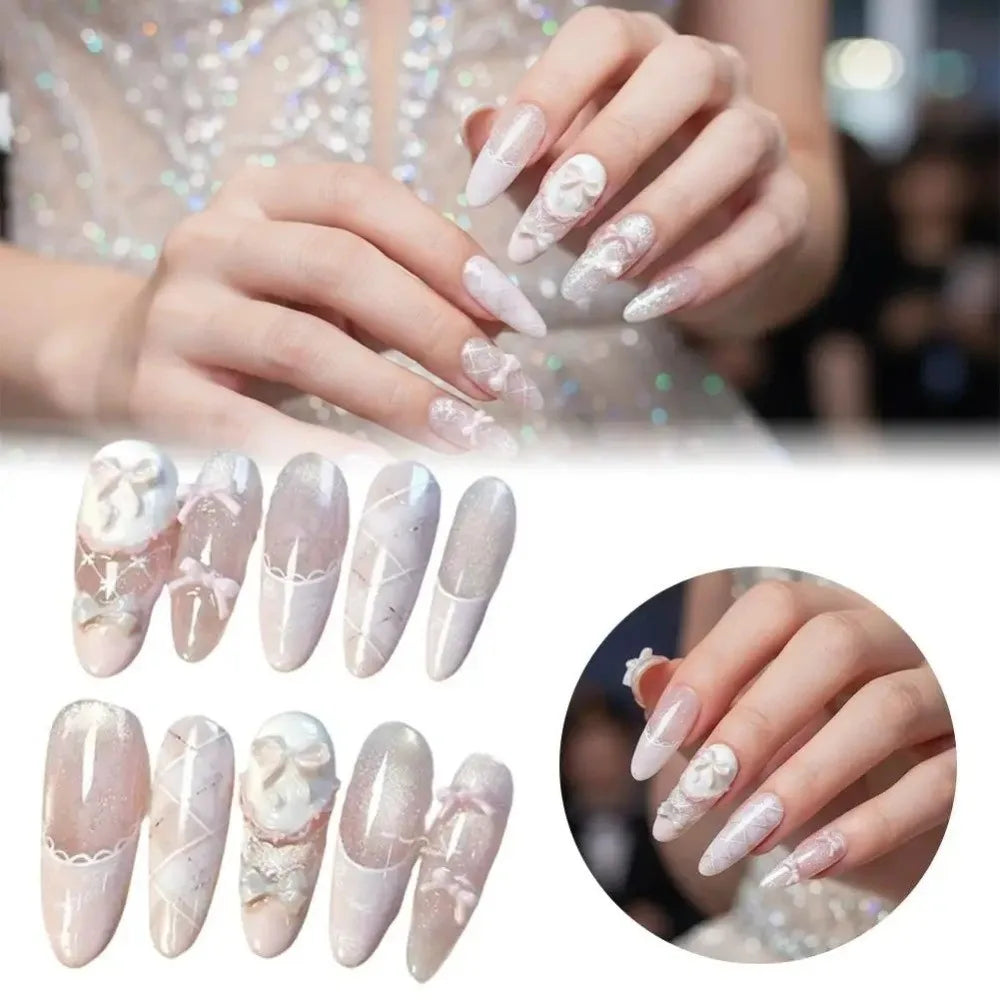 Luxury Cat Eye Press On Nails — Long Coffin Style with Butterfly & Pearl Details