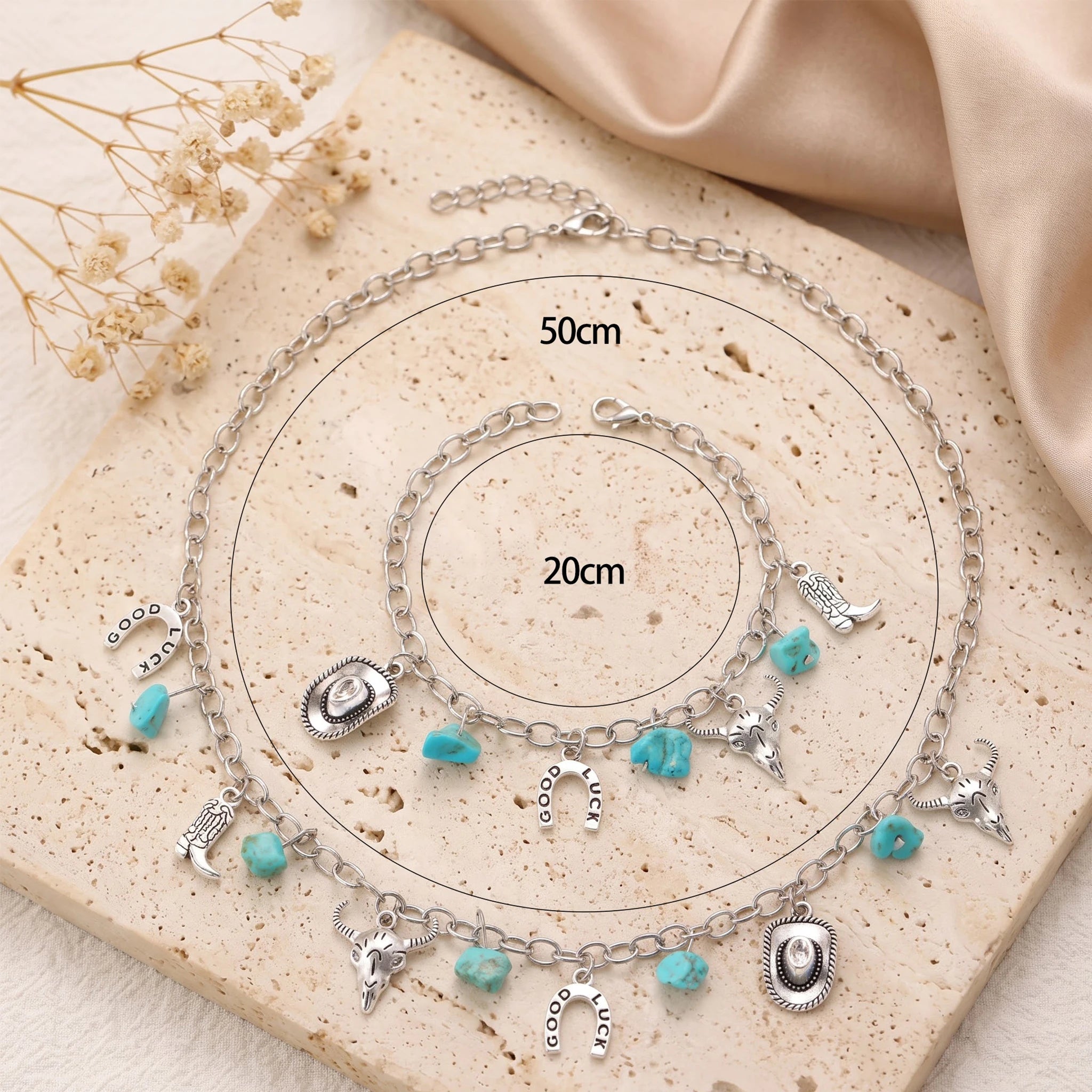 Obega Boho Western Jewelry Set — Turquoise Stone Necklace & Bracelet