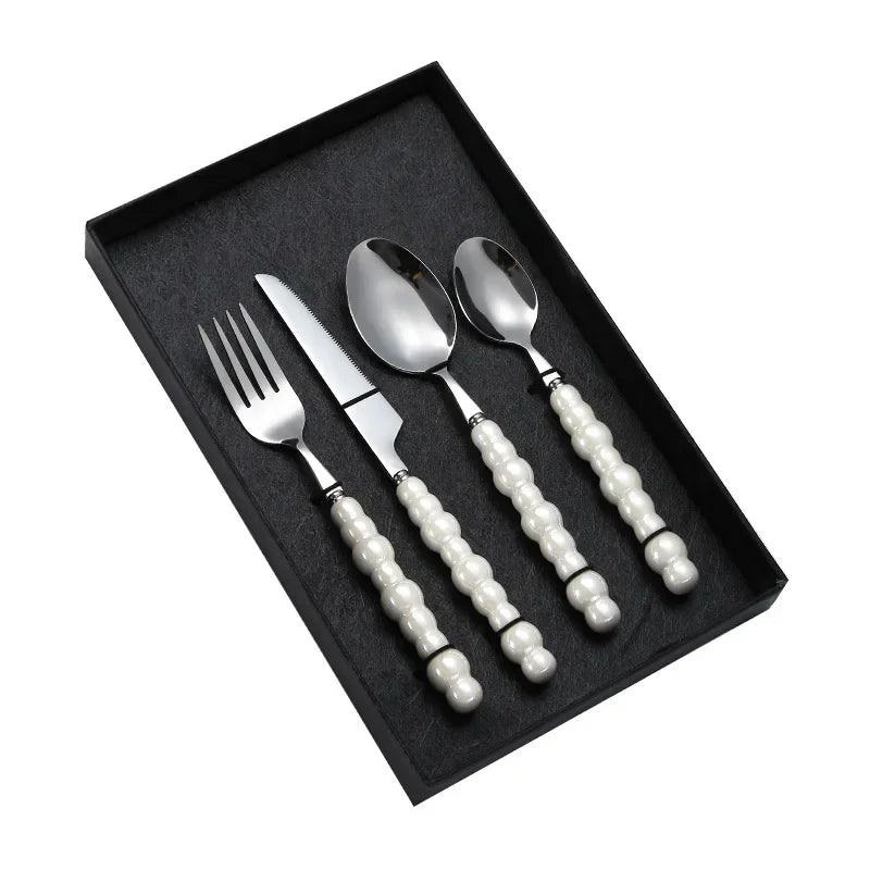 Luxury Ceramic Pearl Handle Cutlery Set — Stainless Steel Spoon and Fork Set