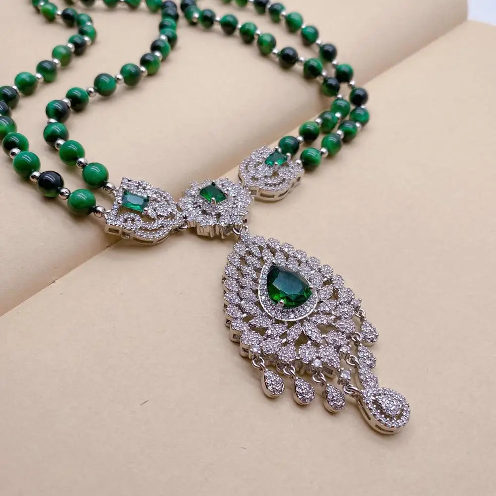 SETTIMANA Green Tiger Eye Pendant Necklace — Double Strand CZ Pave Jewelry