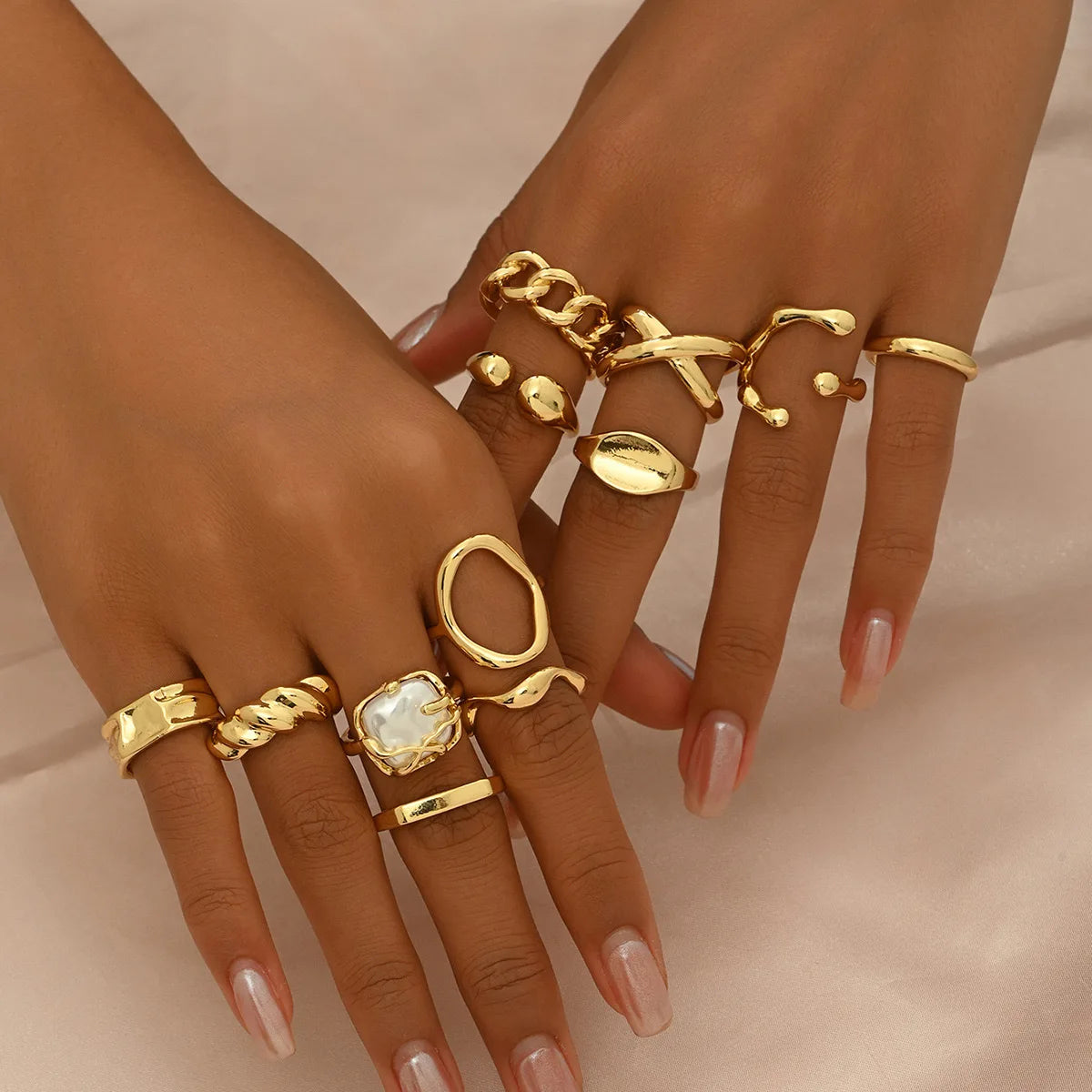 12-Piece Geometric Ring Set — Adjustable Punk Style Metal Jewelry