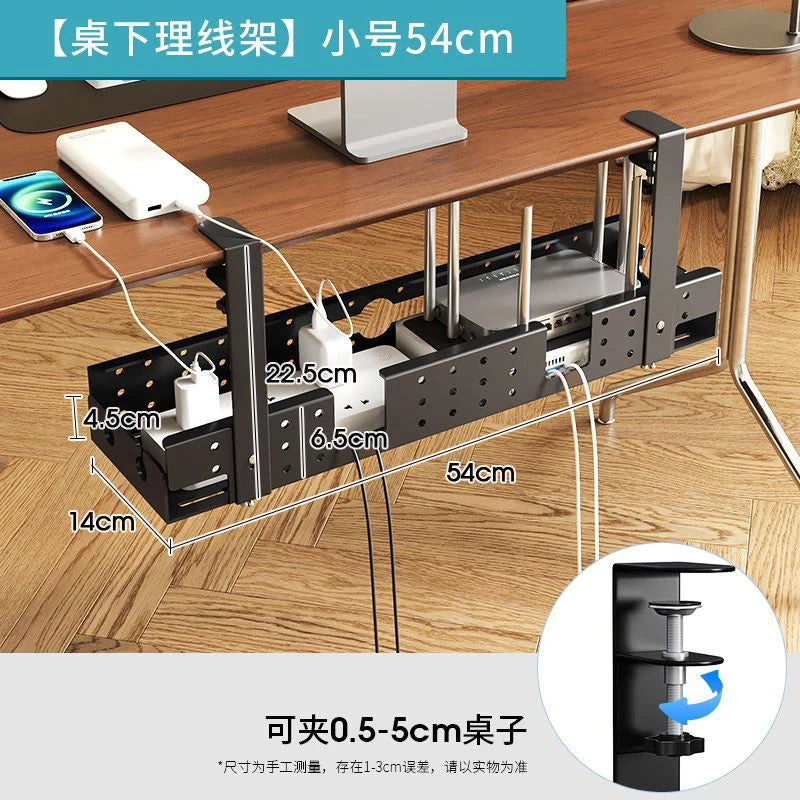 Under Desk Cable Management Tray — Sturdy Metal Cord Organizer, No-Drill Clamp Mount