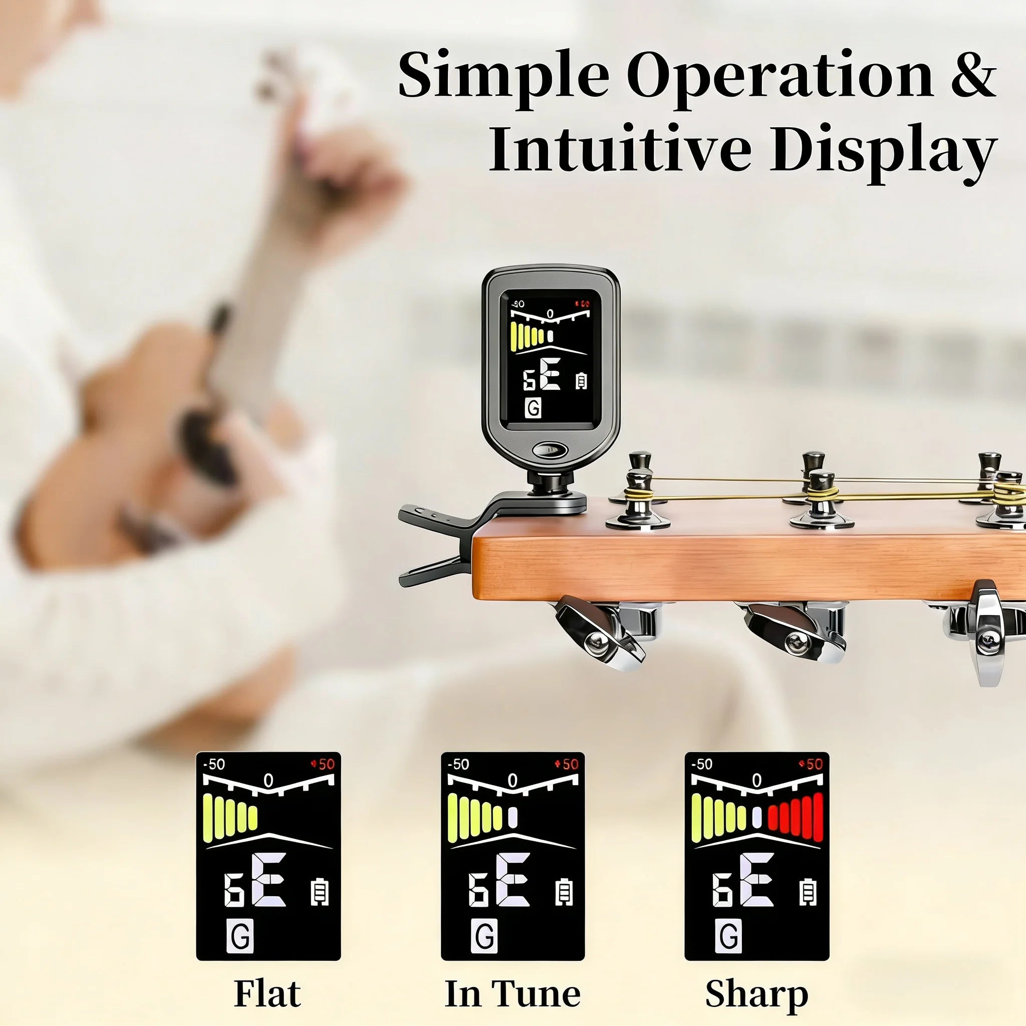 QiJiStar Clip-On Guitar Tuner — 360-Degree Rotatable Color Display