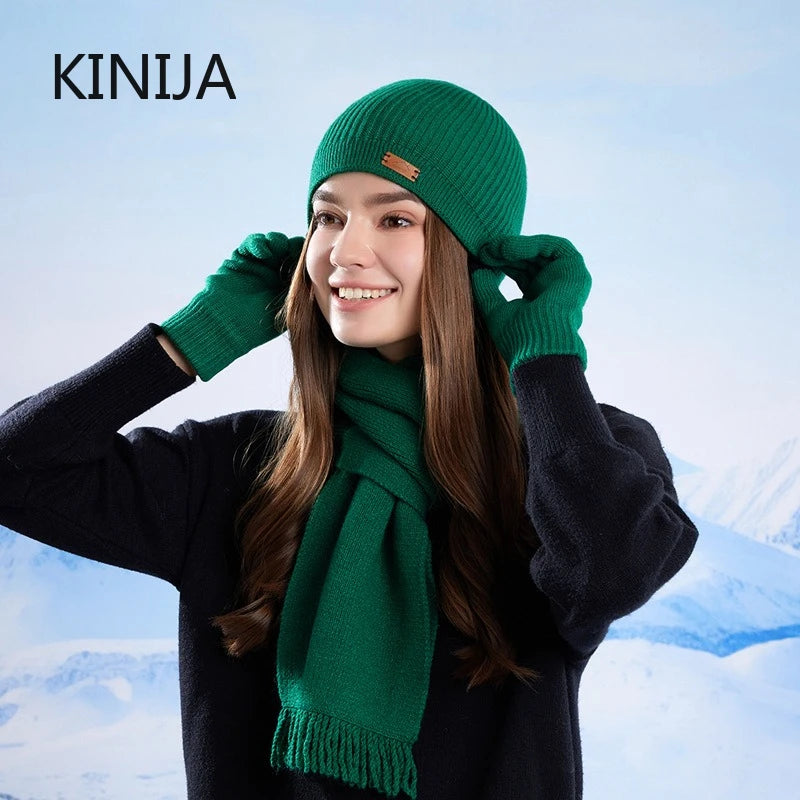 KINIJA Women's Winter Knit Set — Warm Plush Hat, Scarf & Gloves
