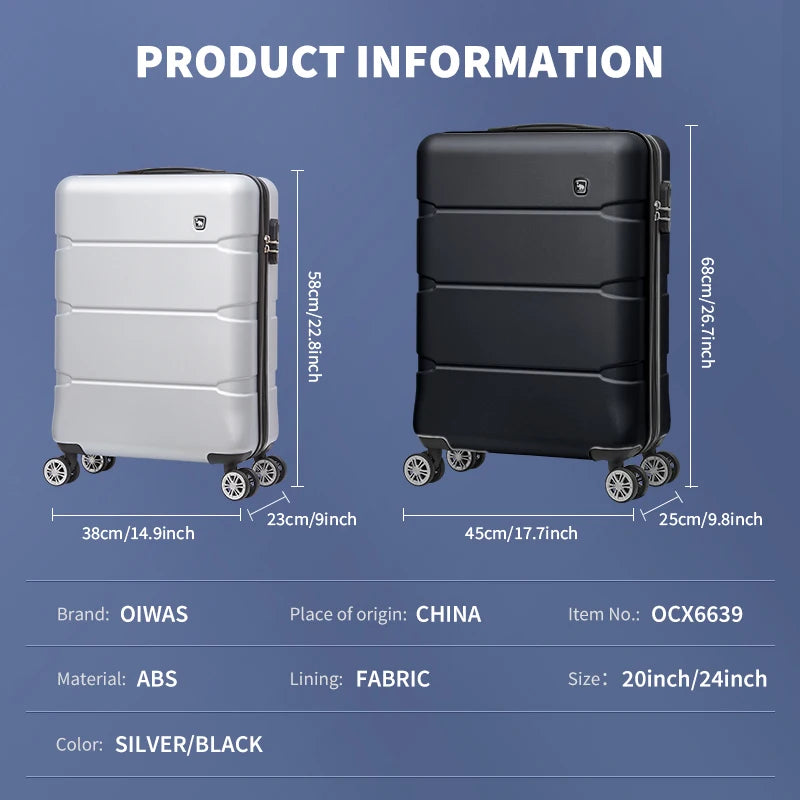 Oiwas Rolling Luggage Suitcase — Durable ABS Carry On Travel Trolley