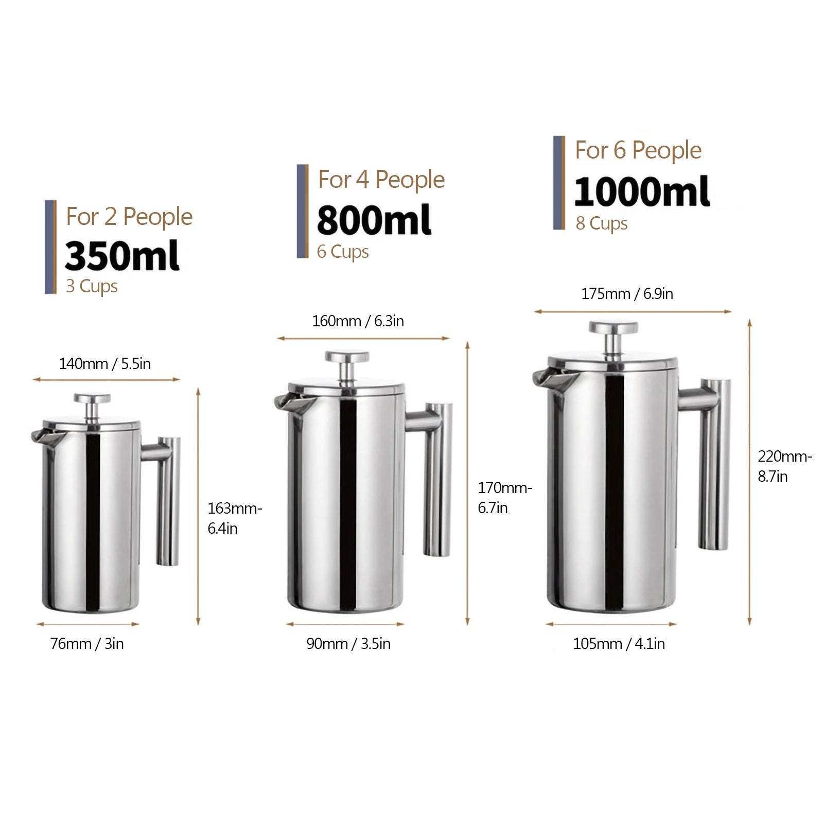 Stainless Steel French Press Coffee Maker — Insulated Double Walled Pot