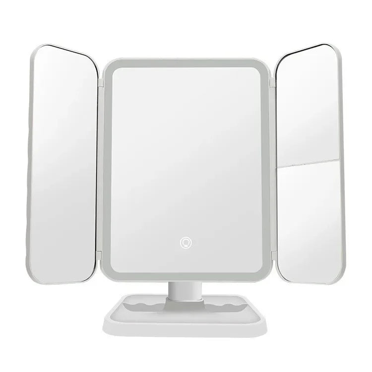 Trifold LED Makeup Mirror — Adjustable Magnification & Three Light Modes