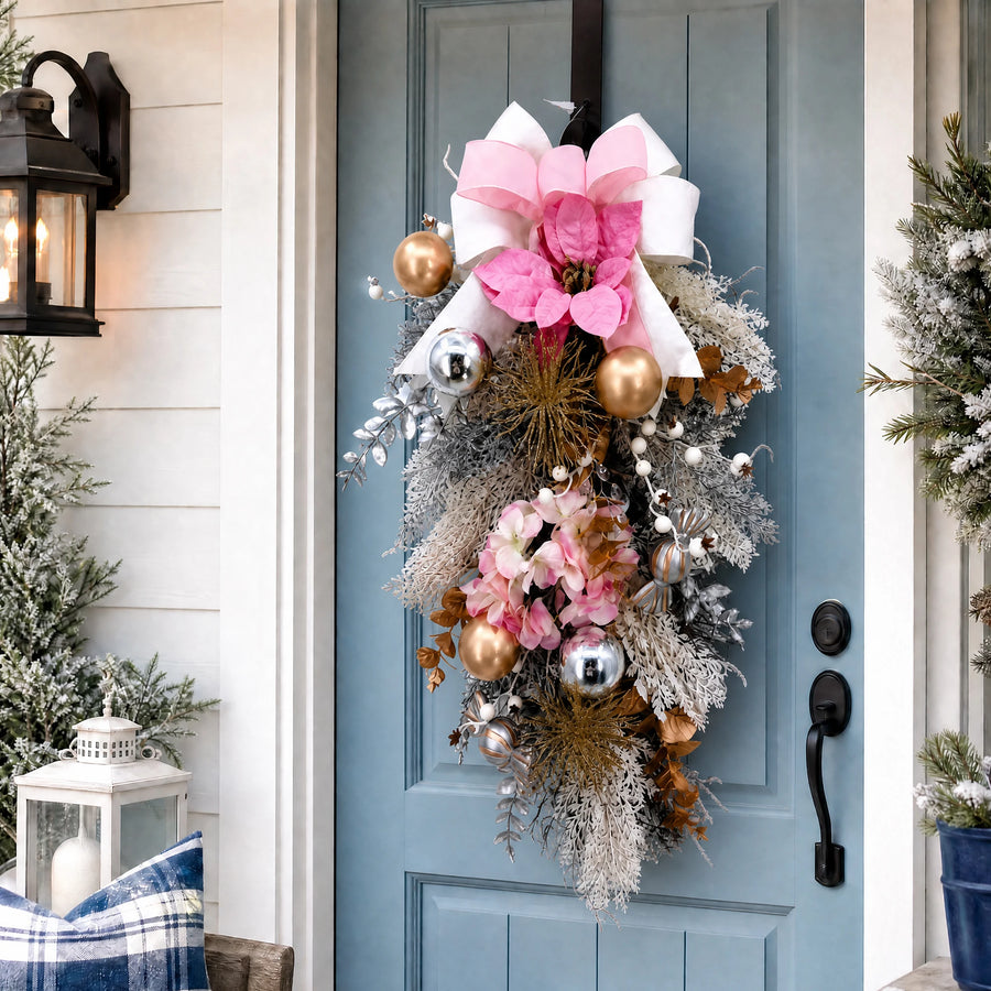 GAOMON Pink Christmas Teardrop Wreath — 30 Inch Artificial Holiday Swag