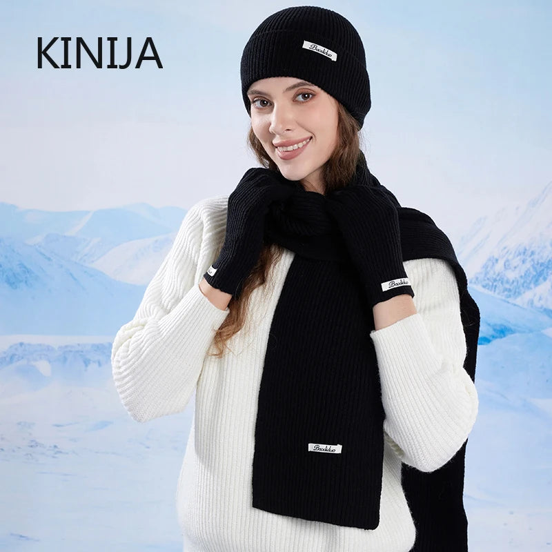 KINIJA Women's Knitted Winter Set — Warm Hat, Scarf, and Gloves Trio