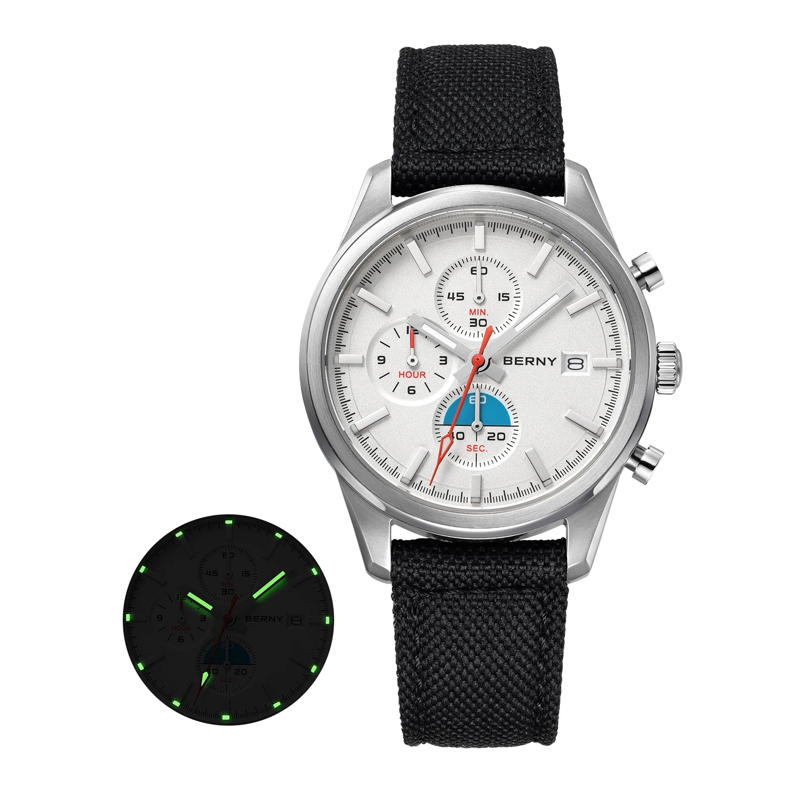 BERNY Chronograph Quartz Men's Watch — Luminous Sport Design with Sapphire Crystal
