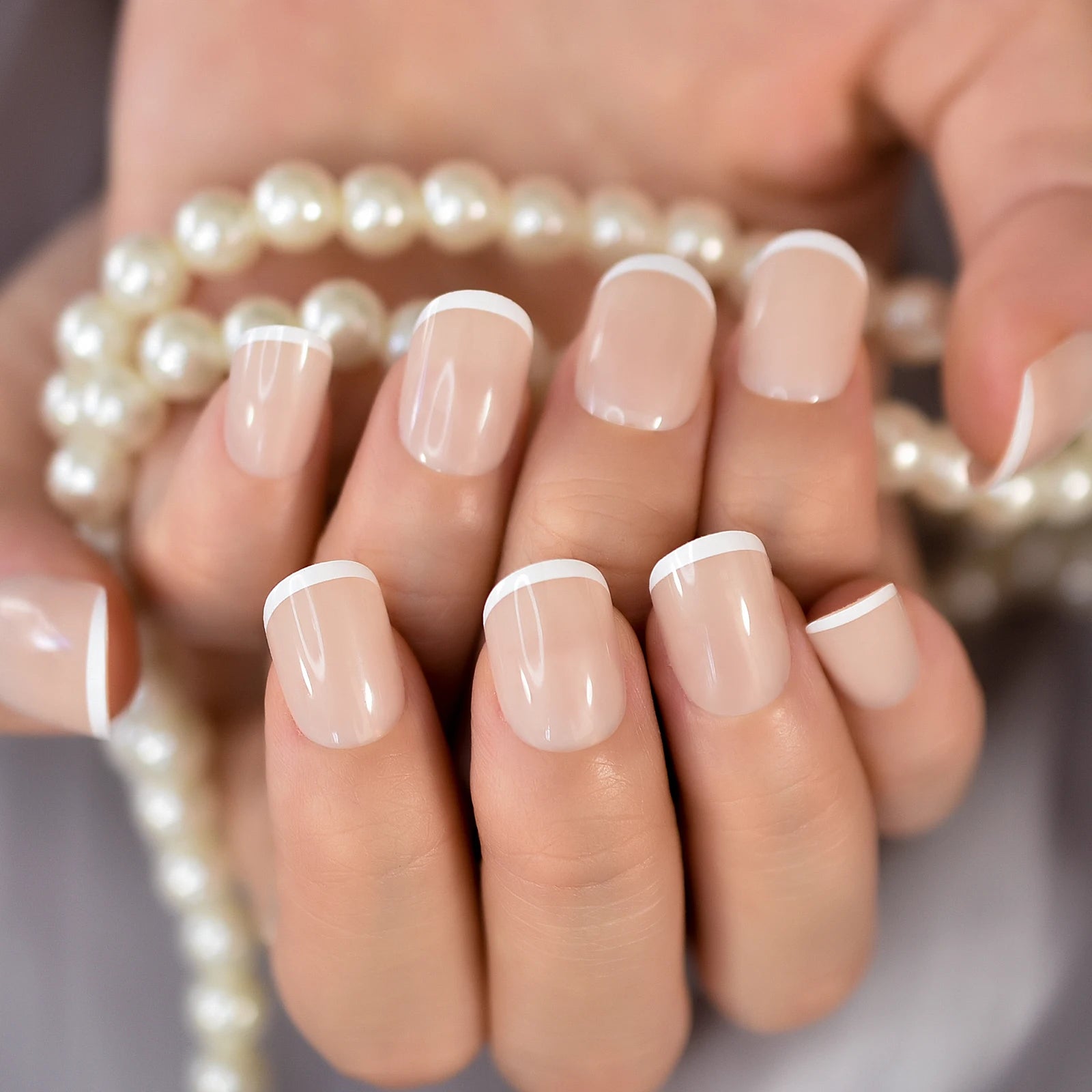 French Style Press On Nails — Glossy Nude White Tip Manicure Set
