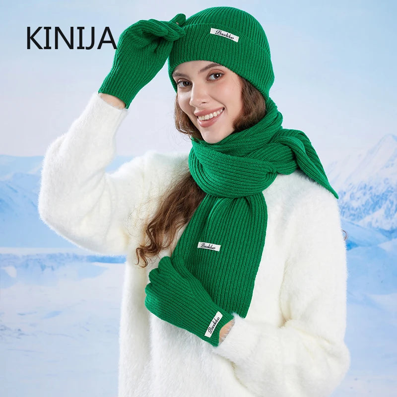 KINIJA Women's Knitted Winter Set — Warm Hat, Scarf, and Gloves Trio