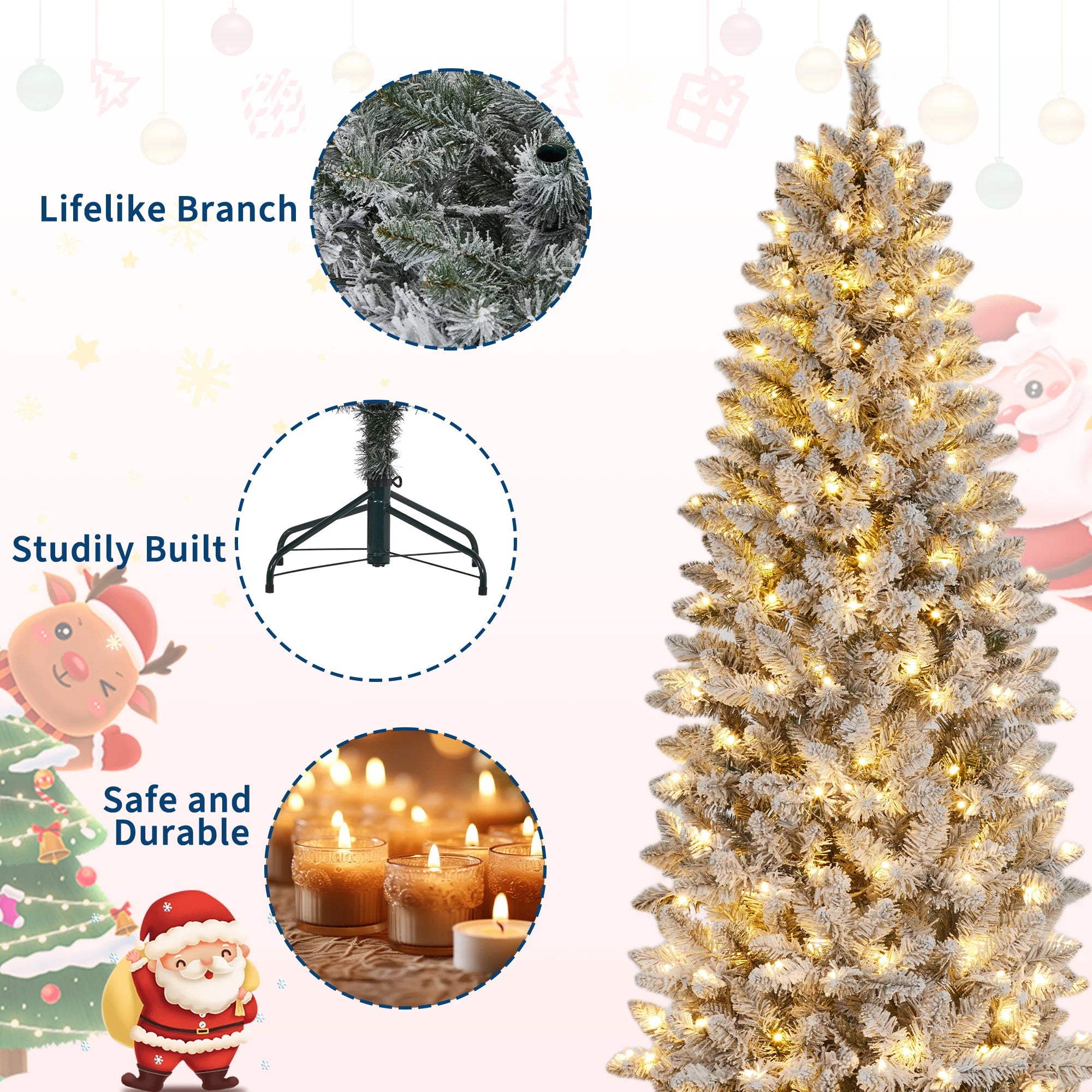 GAOMON Snow Flocked Slim Pencil Christmas Tree — Pre-Lit LED Holiday Decor