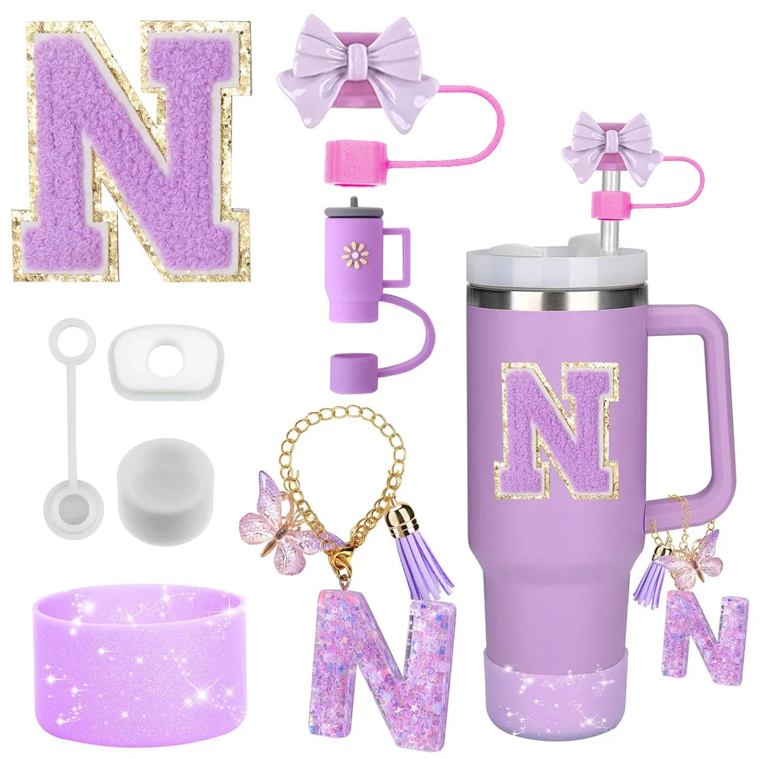 8-Piece Purple Tumbler Accessory Set — Silicone Straw Topper & Personalized Charms