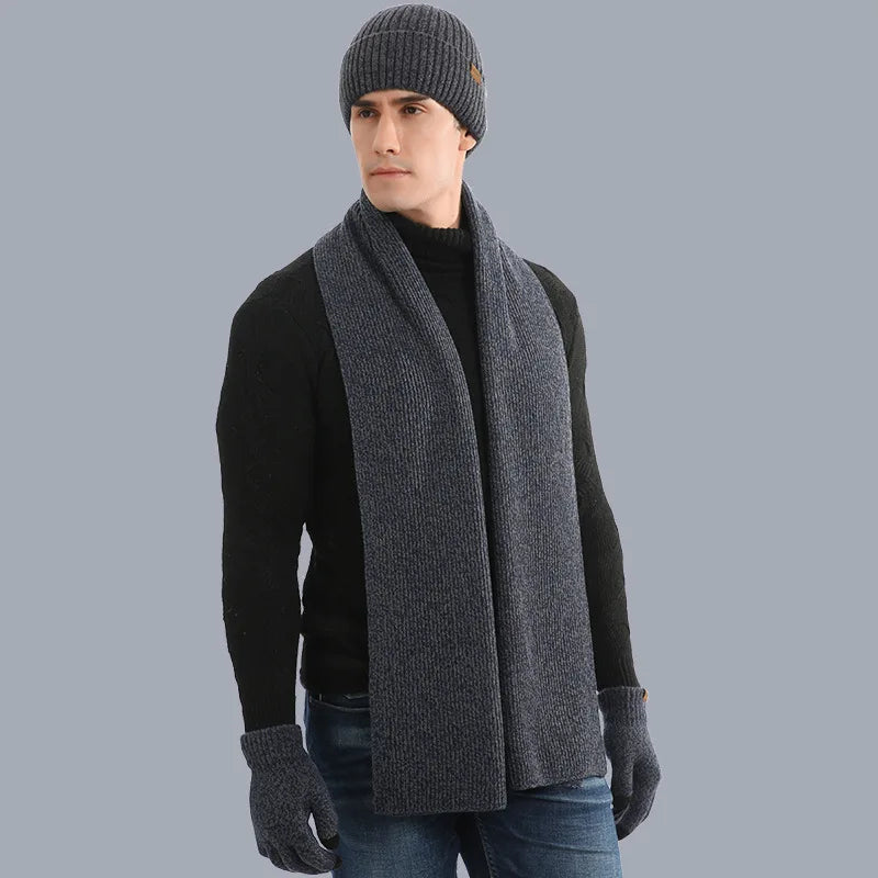 Kinelue Men's Winter Warmth Set — Knitted Beanie, Scarf & Touchscreen Gloves