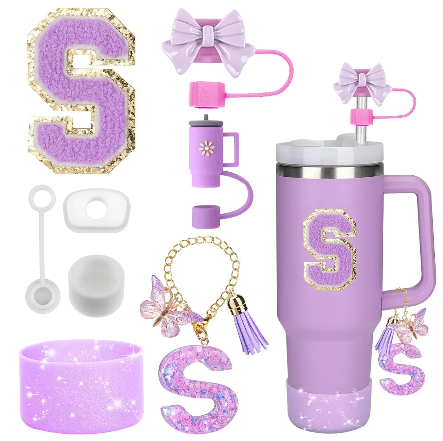 8-Piece Purple Tumbler Accessory Set — Silicone Straw Topper & Personalized Charms