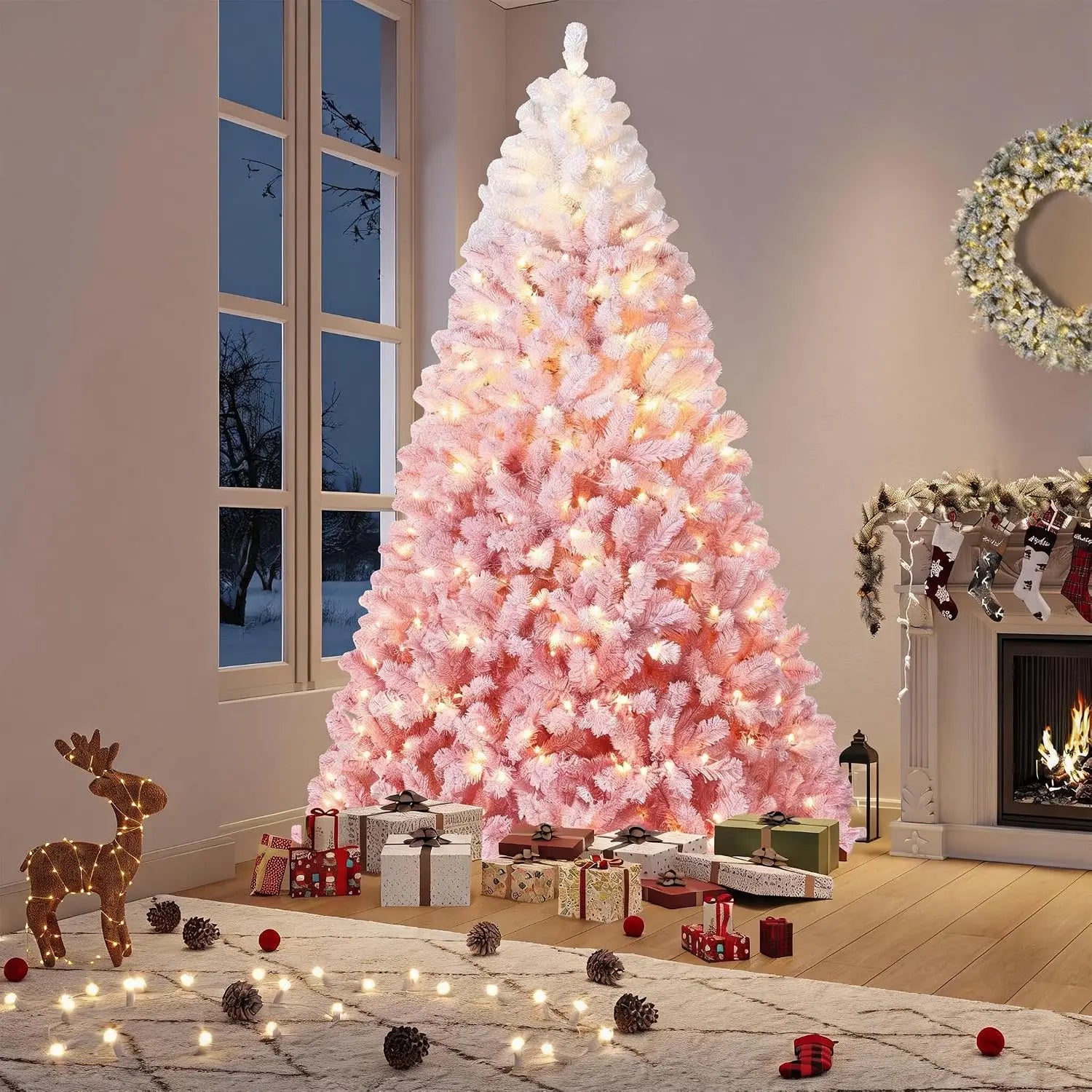 Snow Flocked Artificial Christmas Tree — Pre-Lit LED Slim Pine Tree
