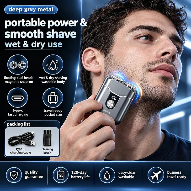 BESITO Men's Electric Portable Shaver — Double Headed 3D Rechargeable Razor