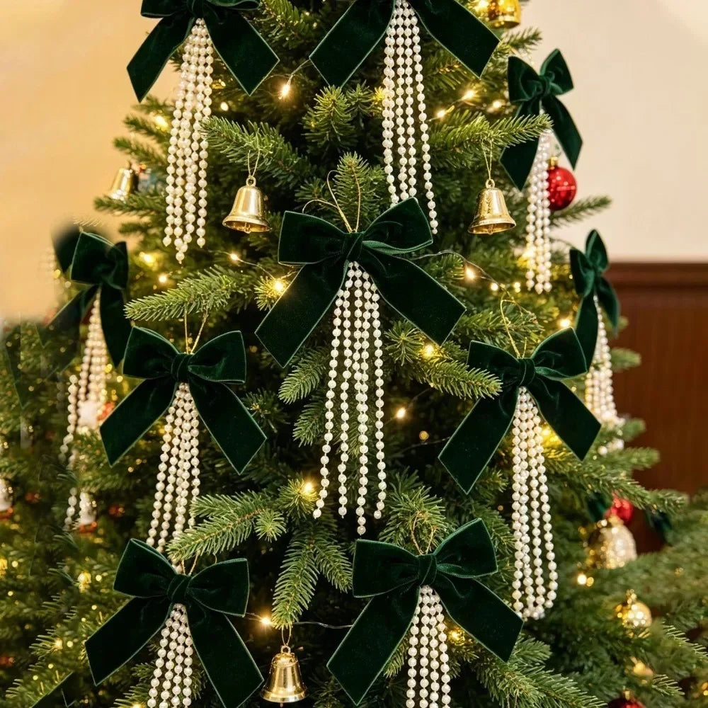 Pearl Flocking Bow Ornament — Festive Holiday Tree Hanging Pendant