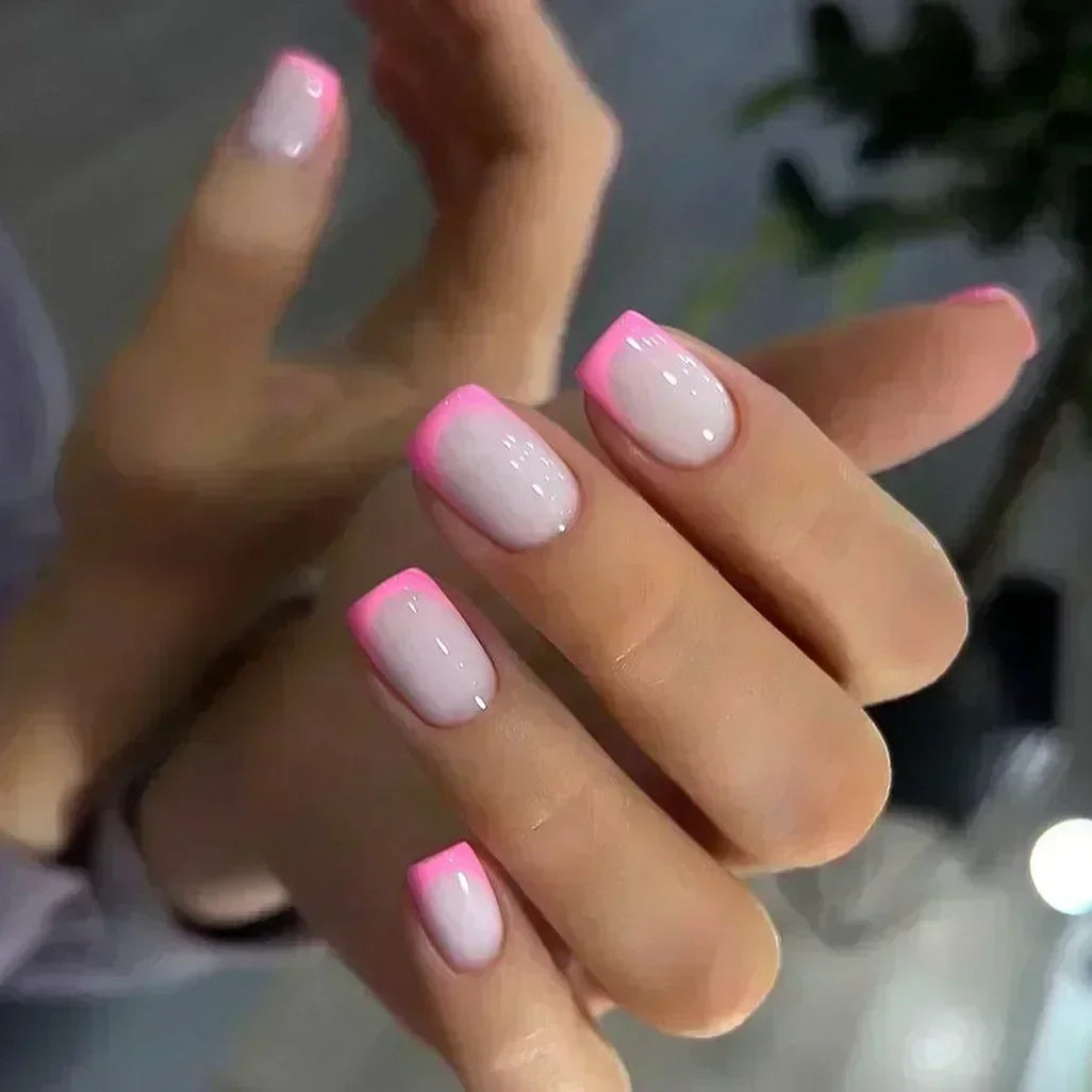Qsezeny French Tip Press On Nails — Short Coffin Style Frosted Fake Nails