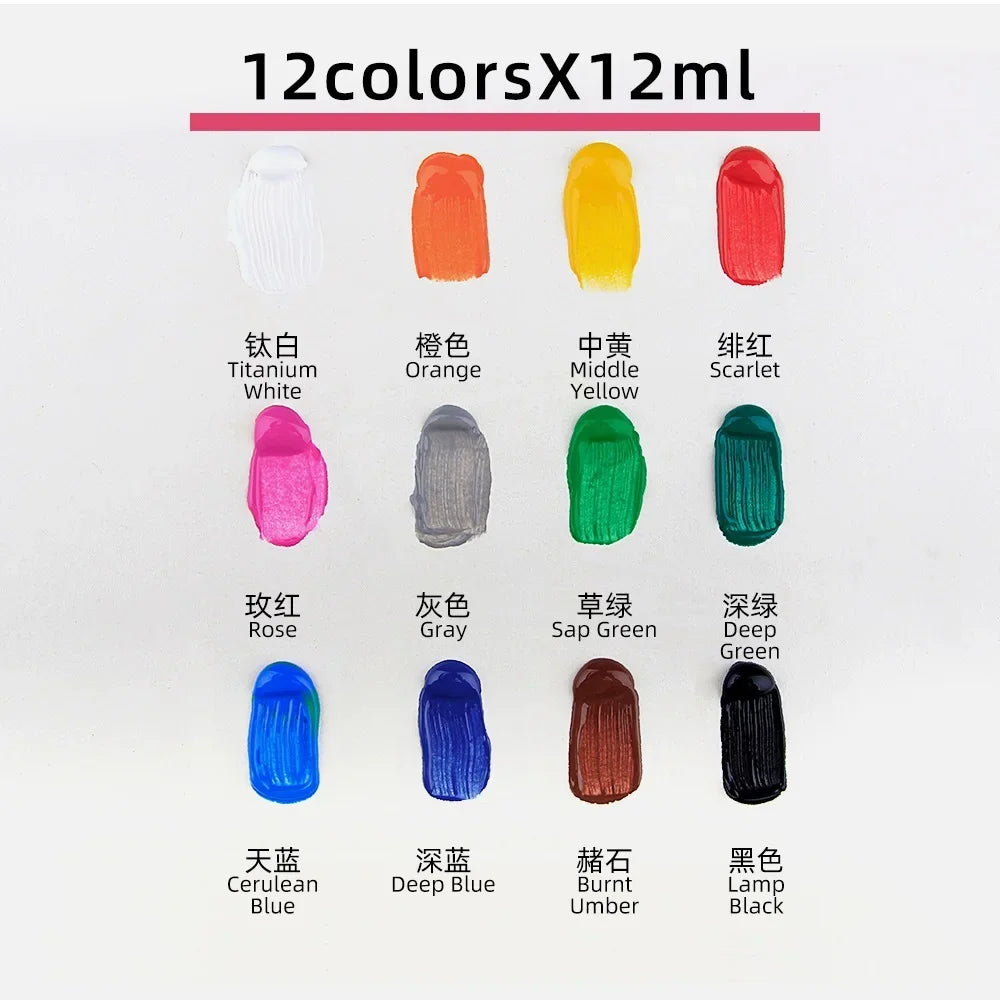12 Color Acrylic Paint Set — Vibrant Art Supplies for Canvas and Wood
