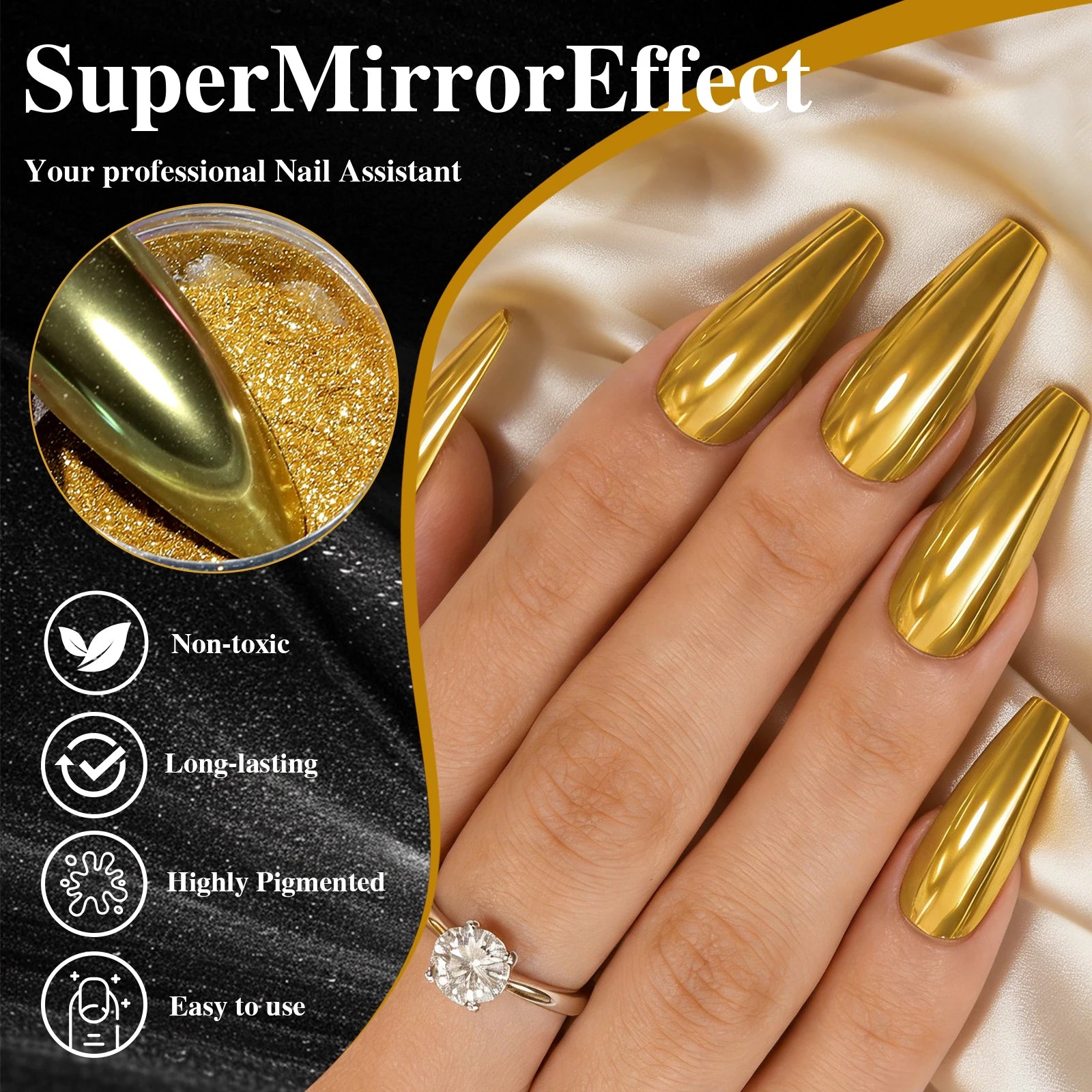 Misscheering Mirror Chrome Nail Powder Set — Metallic Glitter Pigment with Sponge Brush