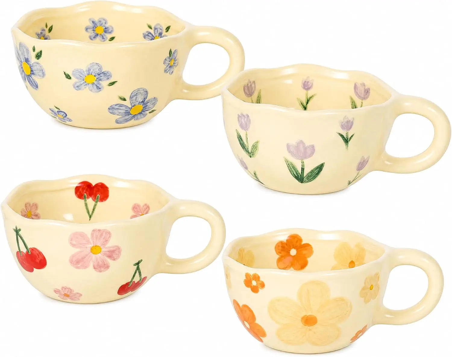 Hand-Painted Floral Ceramic Mugs — Set of 4 Decorative Coffee Cups